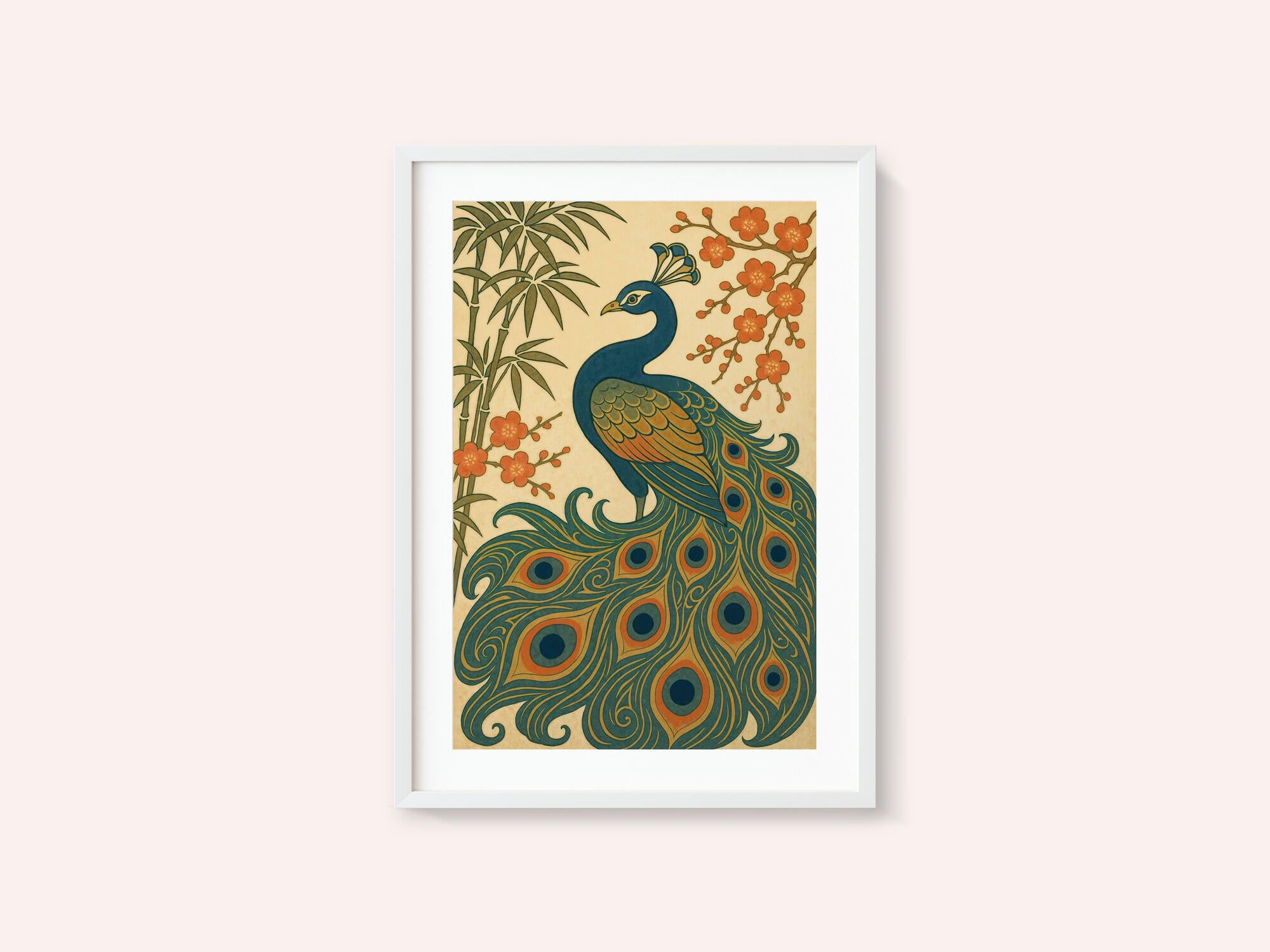 Ukiyo E Style Japanese Peacock With Bamboo and Blossom