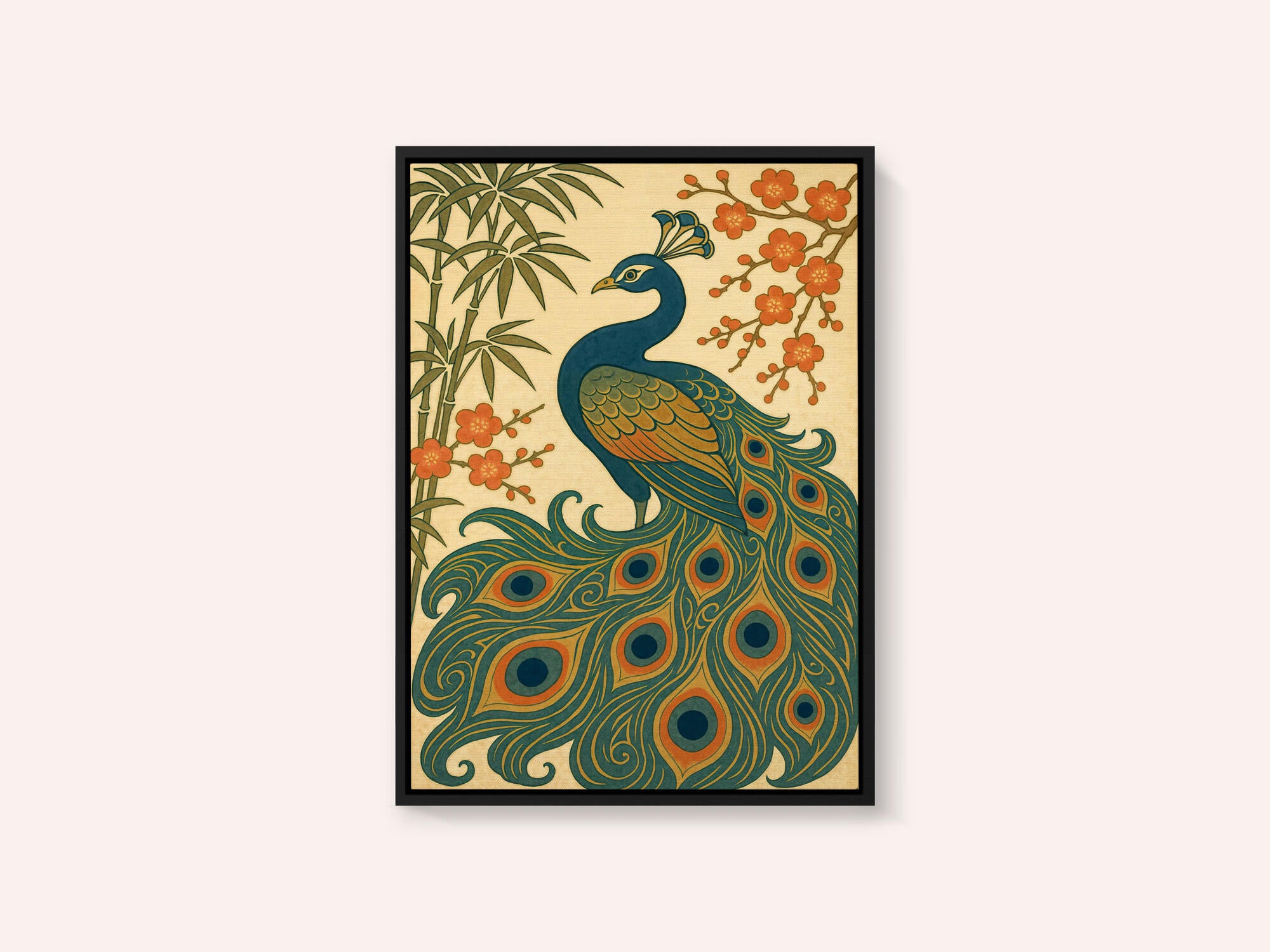 Ukiyo E Style Japanese Peacock With Bamboo and Blossom