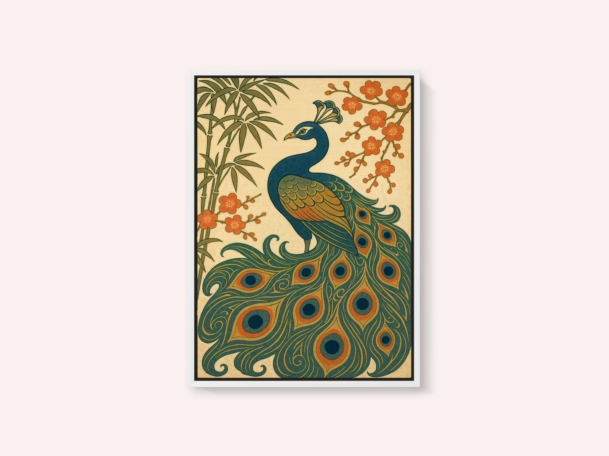 Ukiyo E Style Japanese Peacock With Bamboo and Blossom