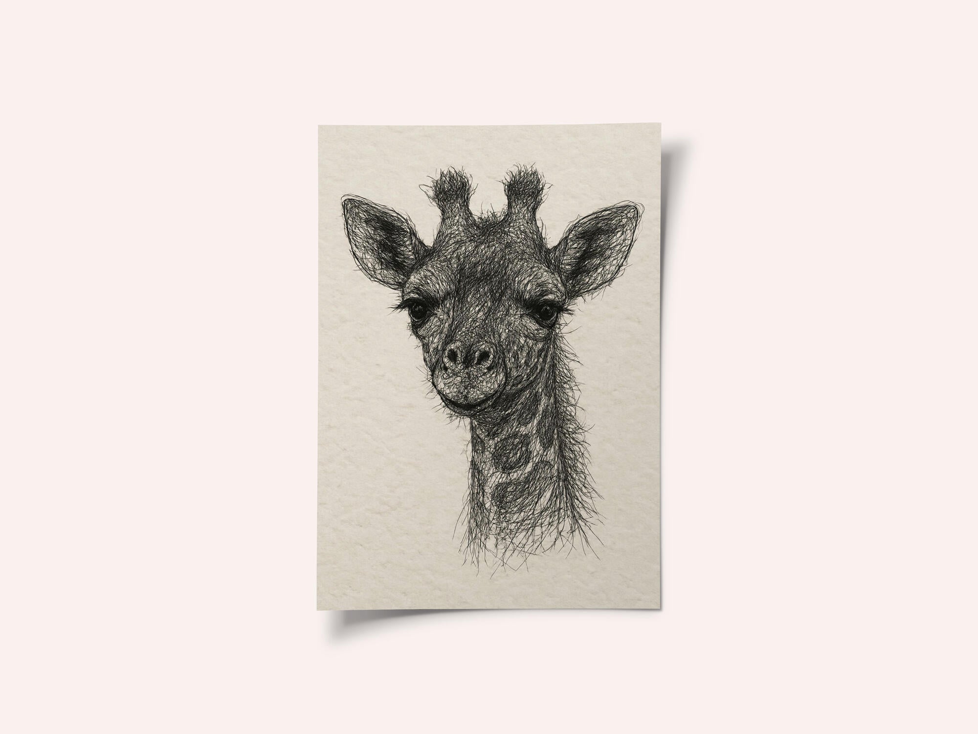 Thread portrait baby giraffe on handmade paper