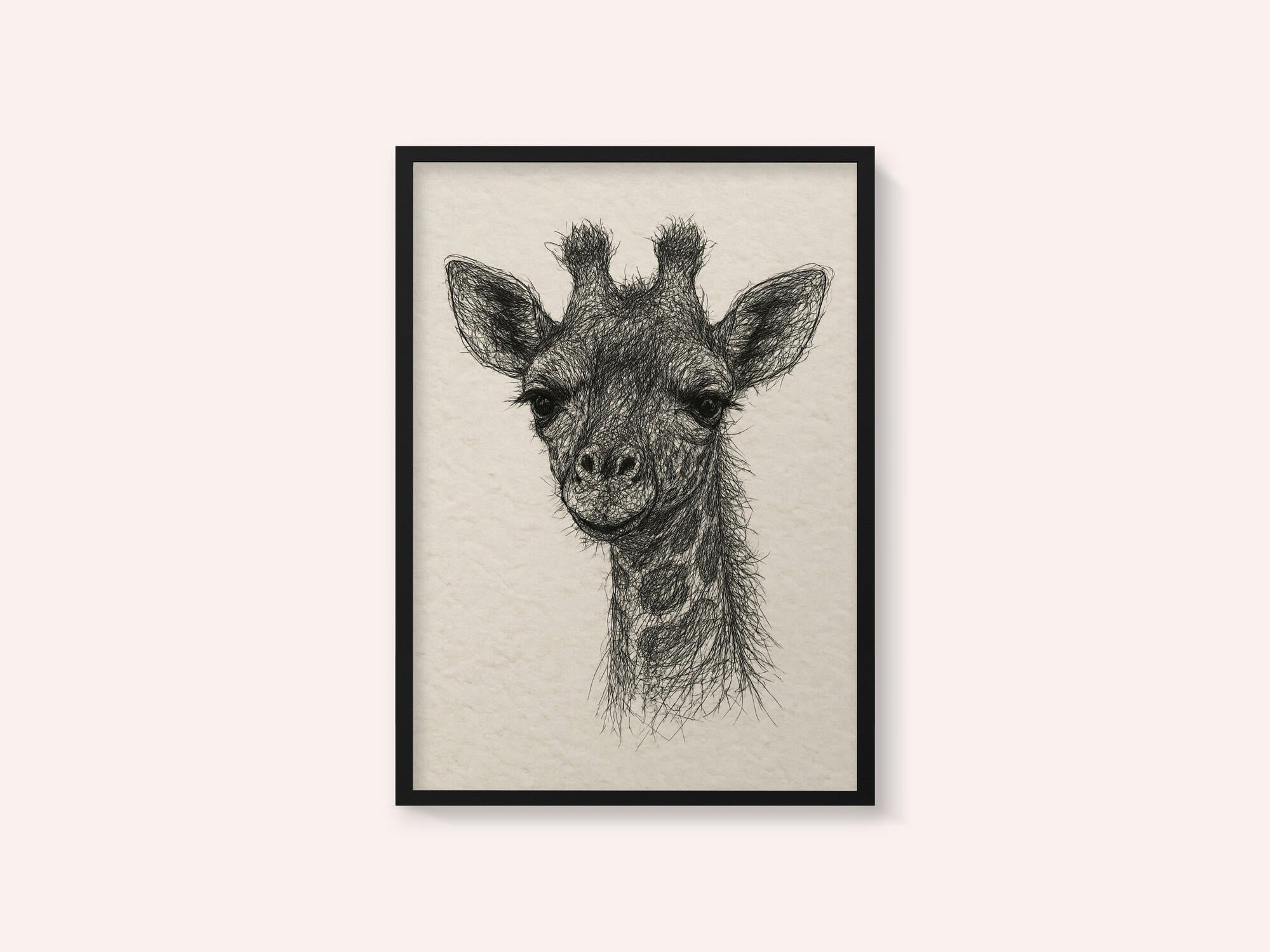 Thread portrait baby giraffe on handmade paper