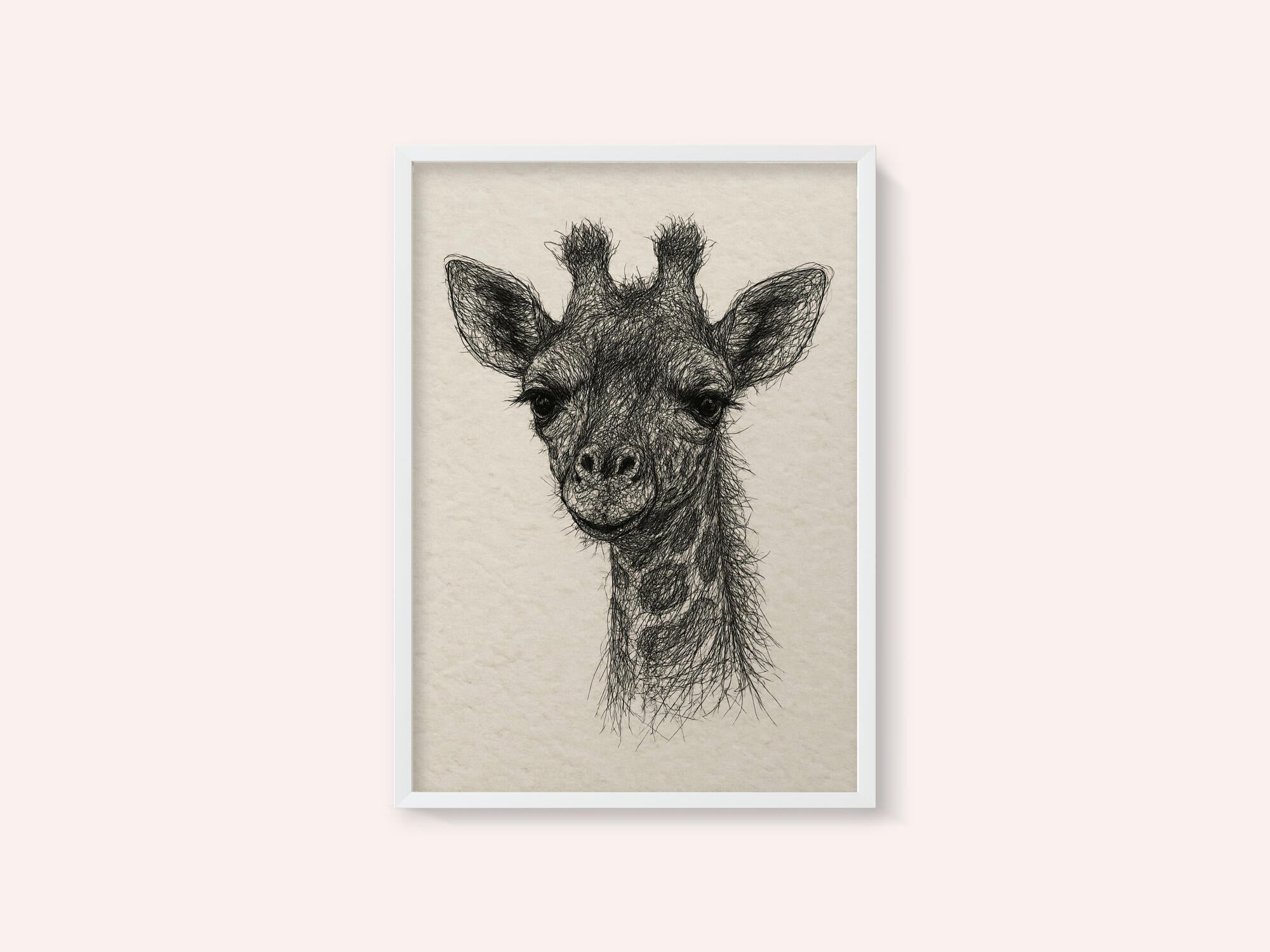 Thread portrait baby giraffe on handmade paper