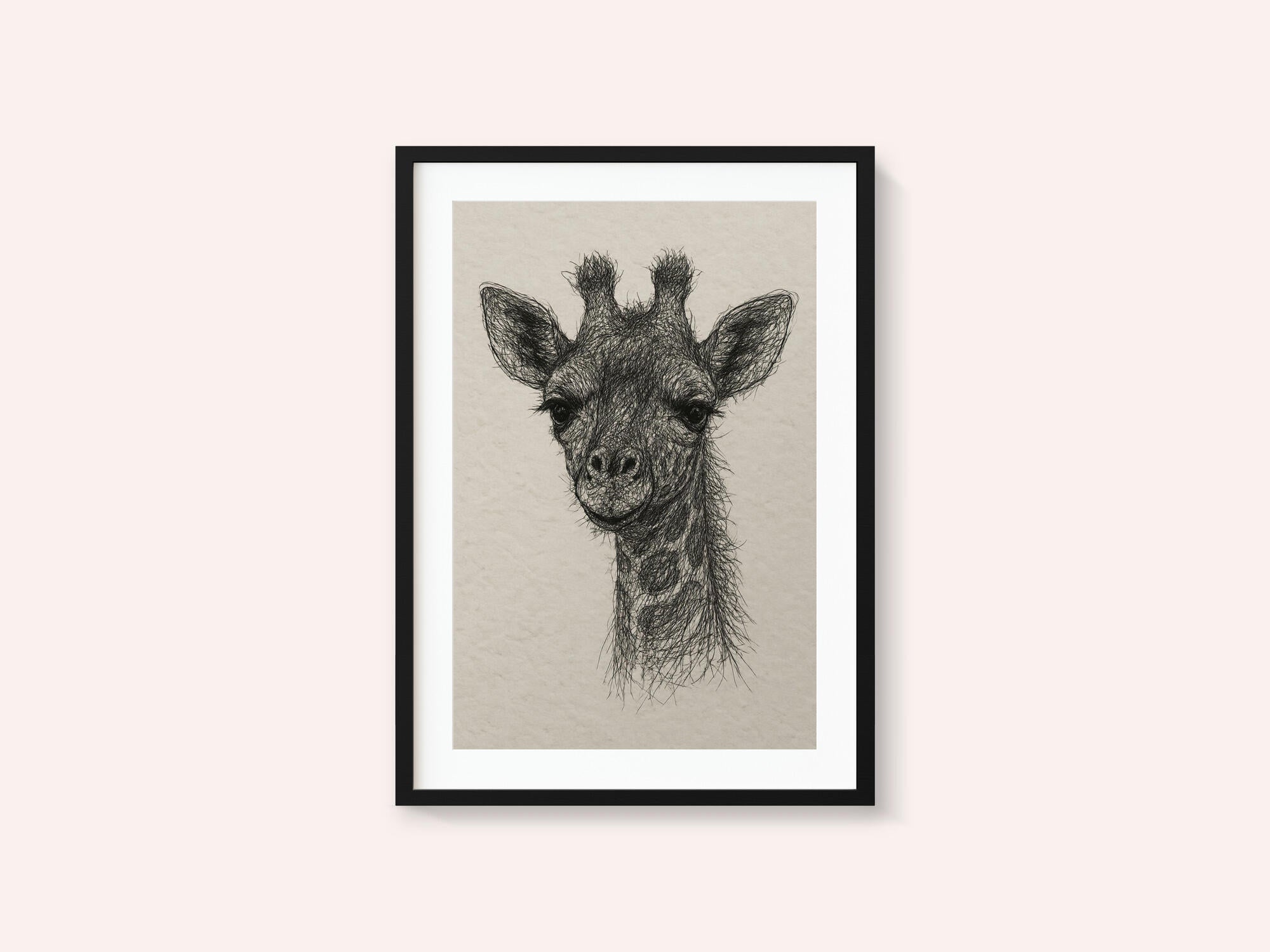 Thread portrait baby giraffe on handmade paper