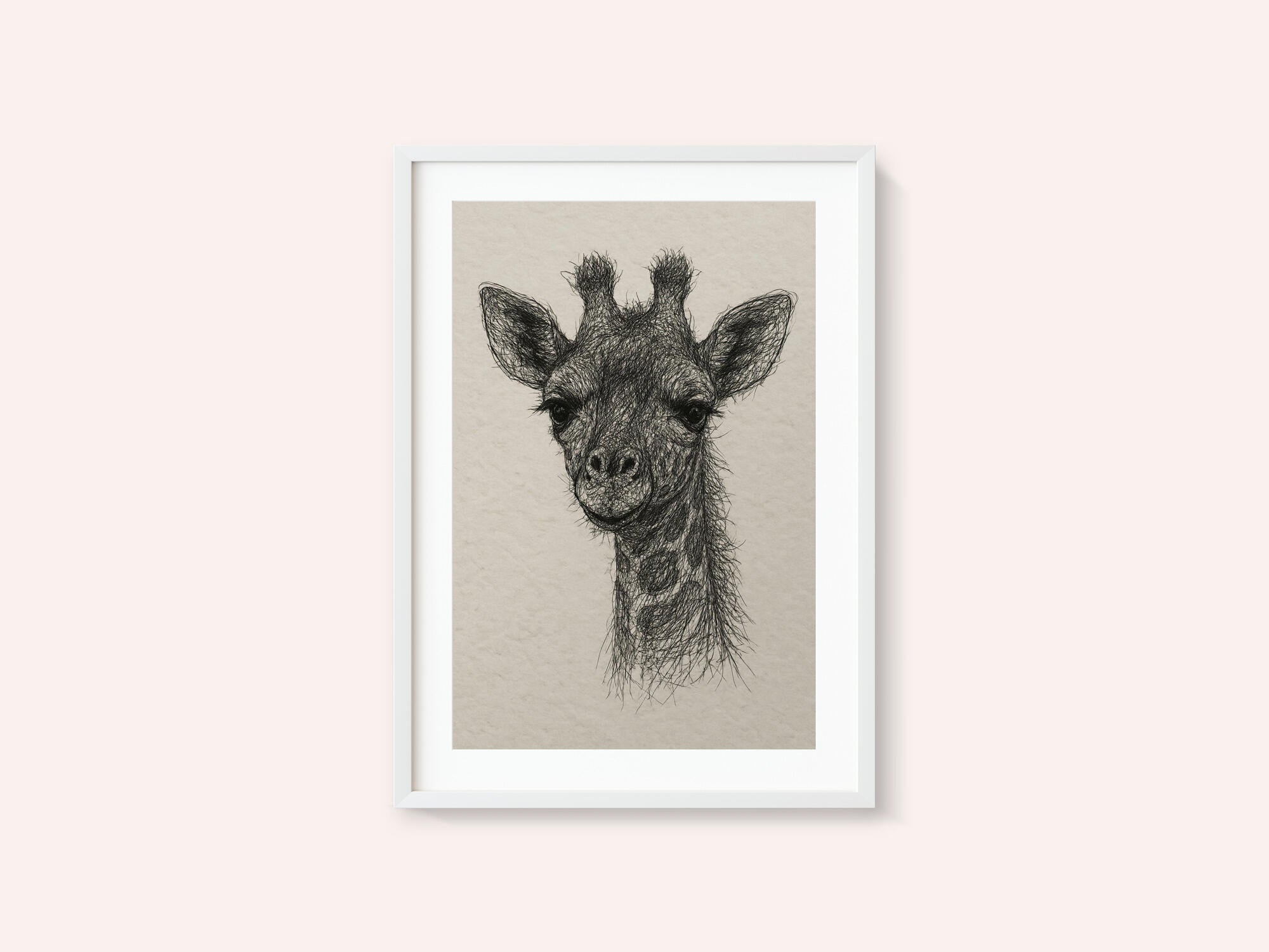 Thread portrait baby giraffe on handmade paper
