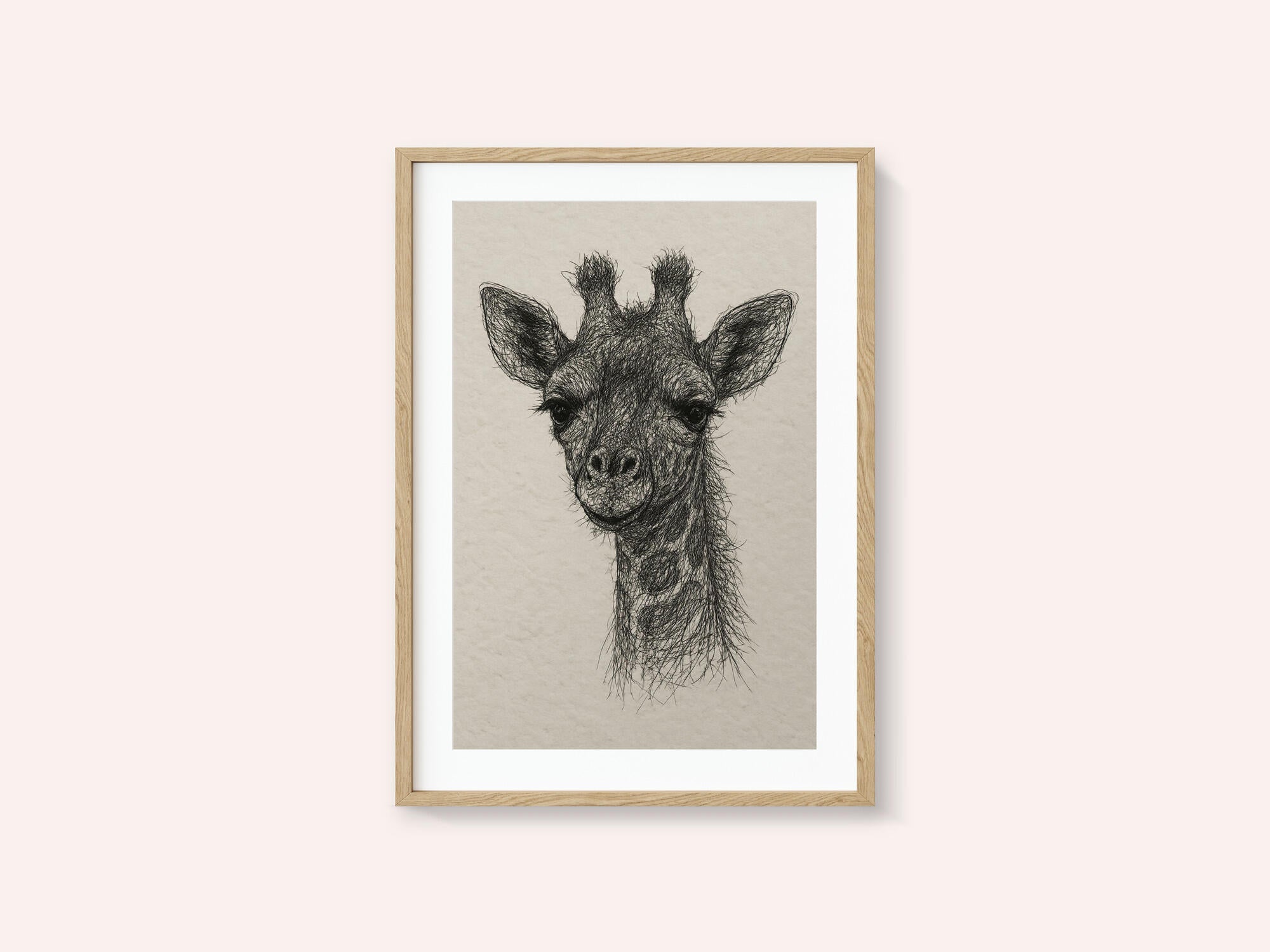 Thread portrait baby giraffe on handmade paper