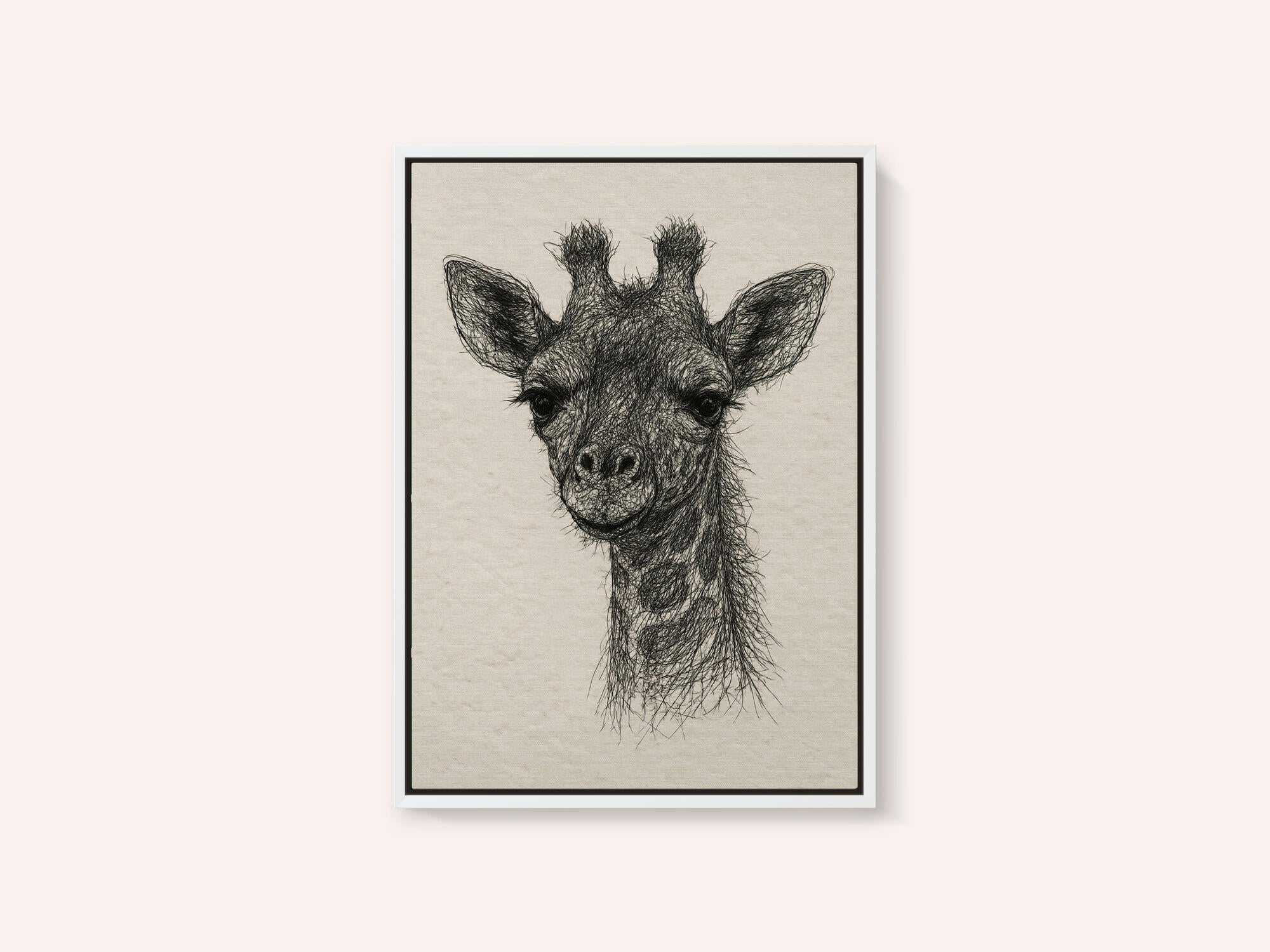 Thread portrait baby giraffe on handmade paper