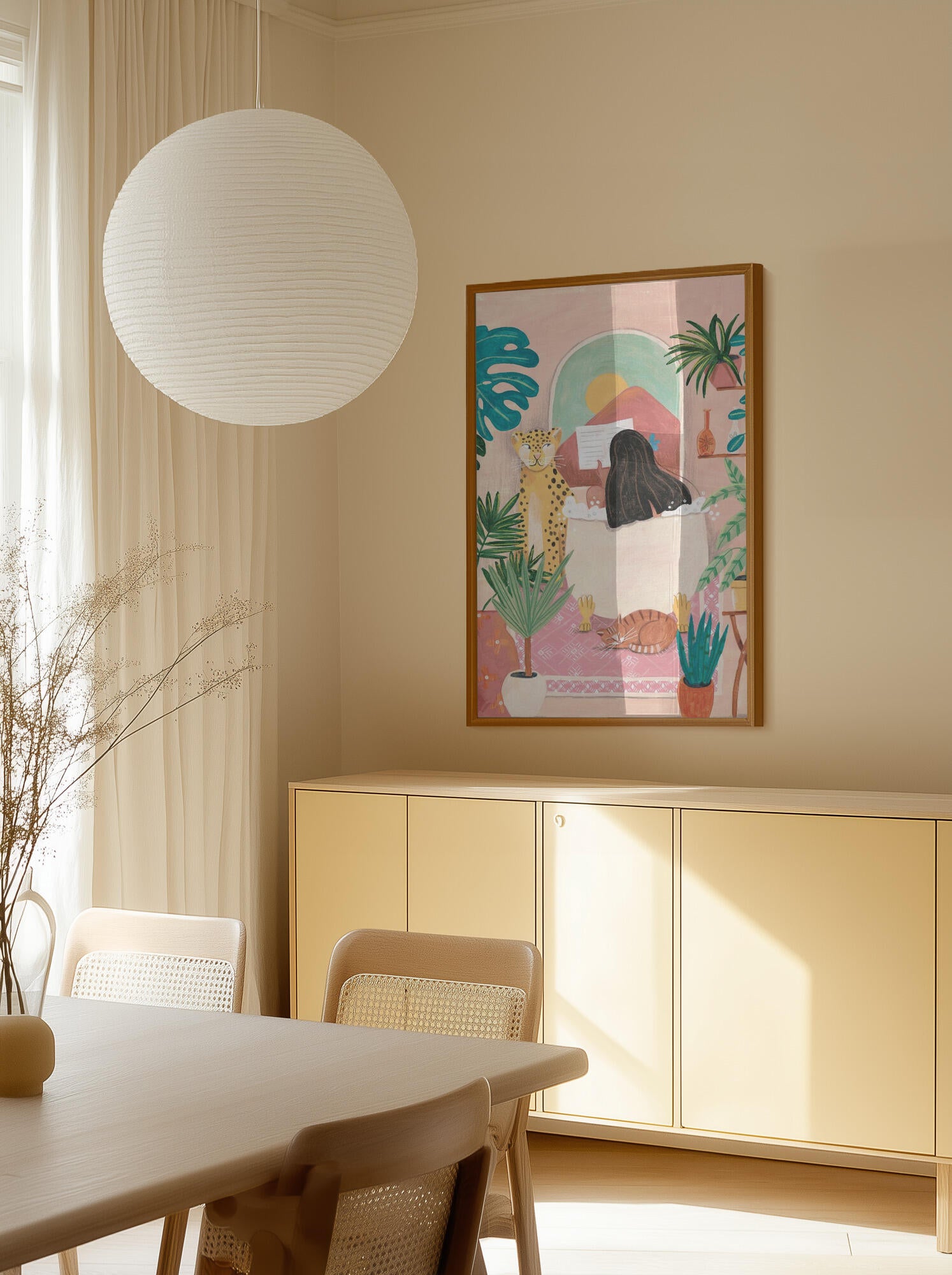 Woman taking bath in pink tropical bathroom