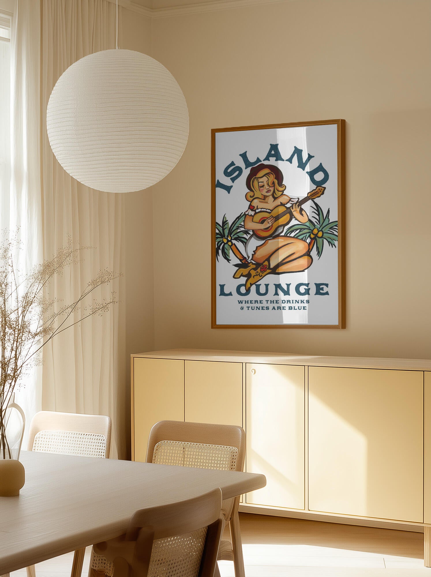 Island Lounge Tropical Pin Up Girl Playing Guitar
