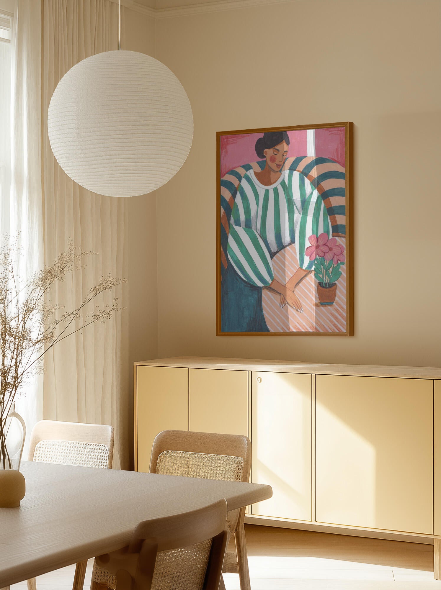 Woman in stripes in thought