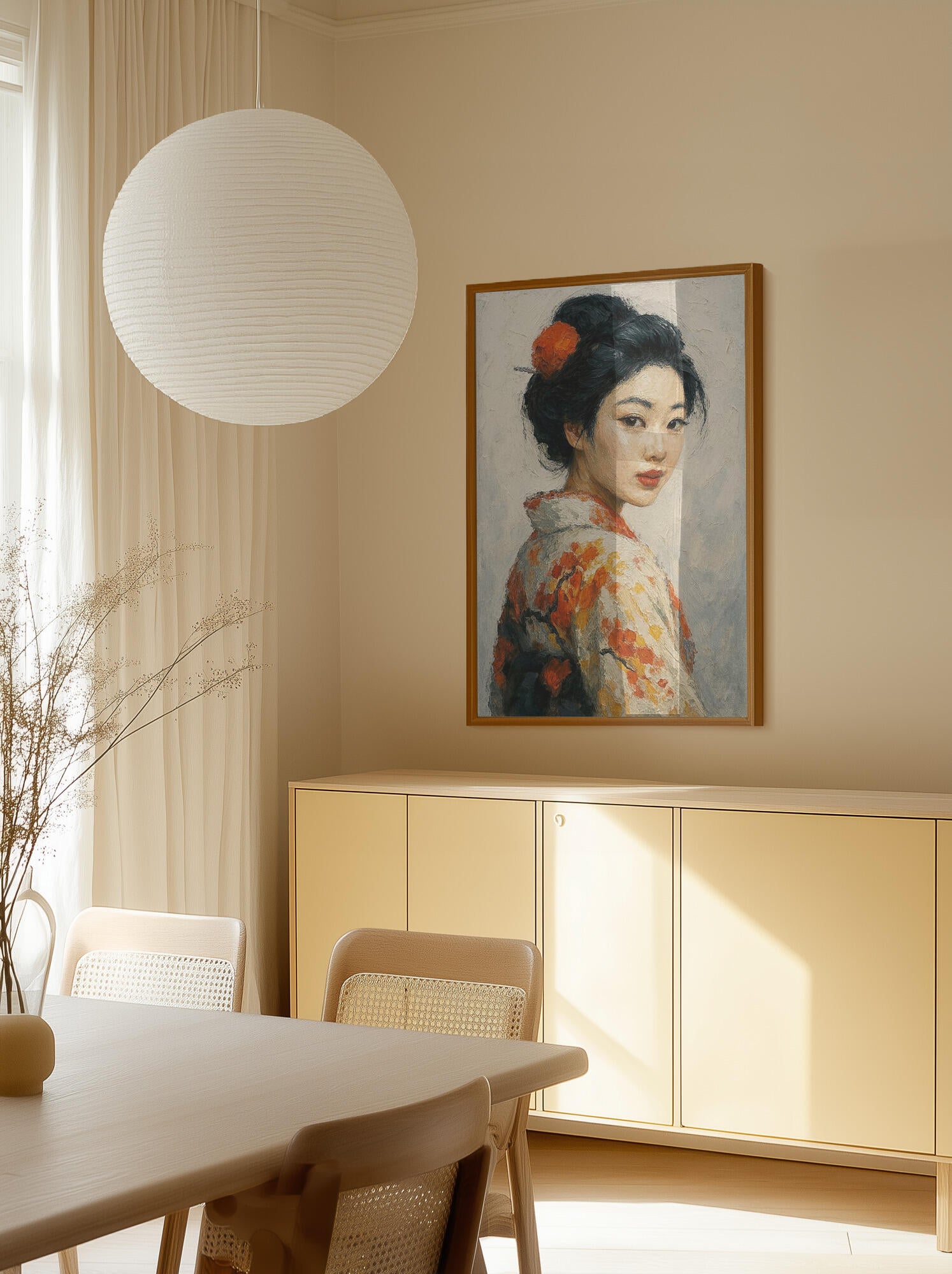 Portrait of a Japanese Geisha In a Floral Kimono