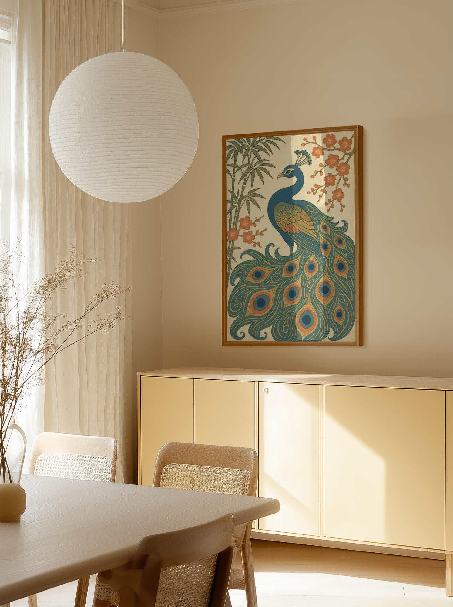 Ukiyo E Style Japanese Peacock With Bamboo and Blossom