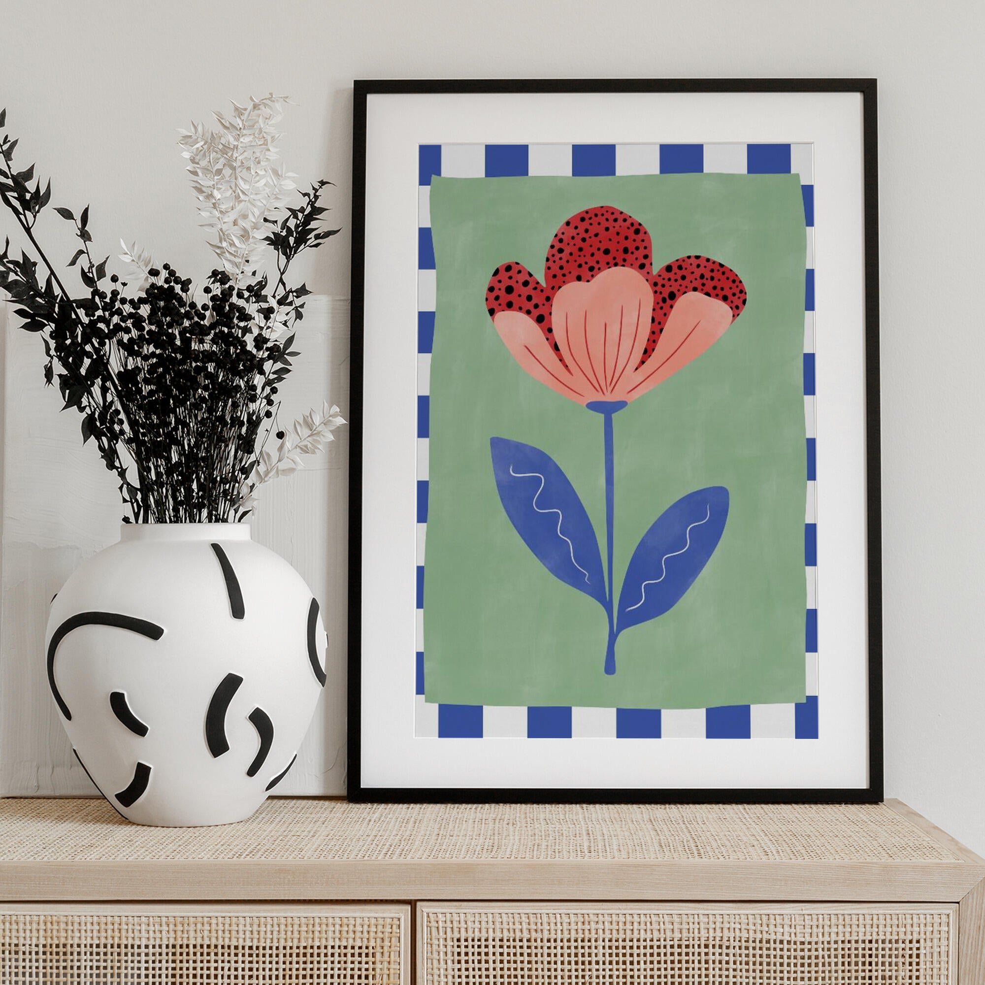 Stylized Flower With Red Petals And Black Dots