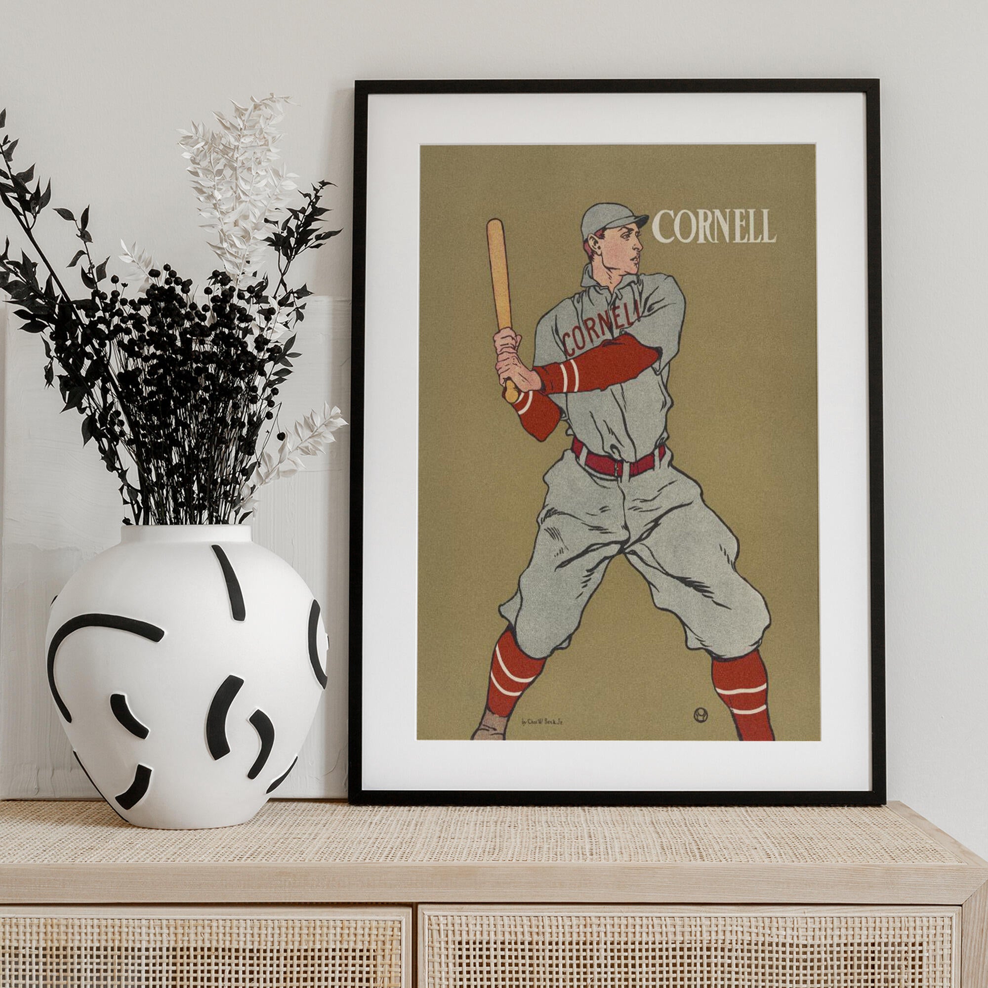 Vintage Drawing of a Baseball Player Holding a Bat