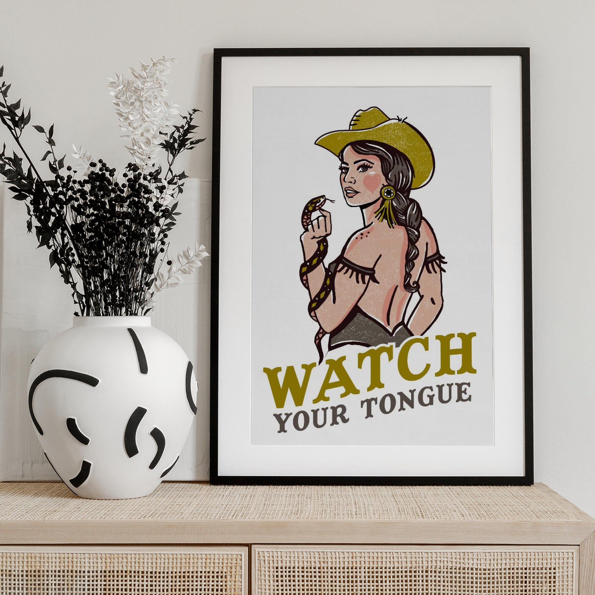 Watch Your Tongue Badass Pin-Up Cowgirl &amp; Rattlesnake