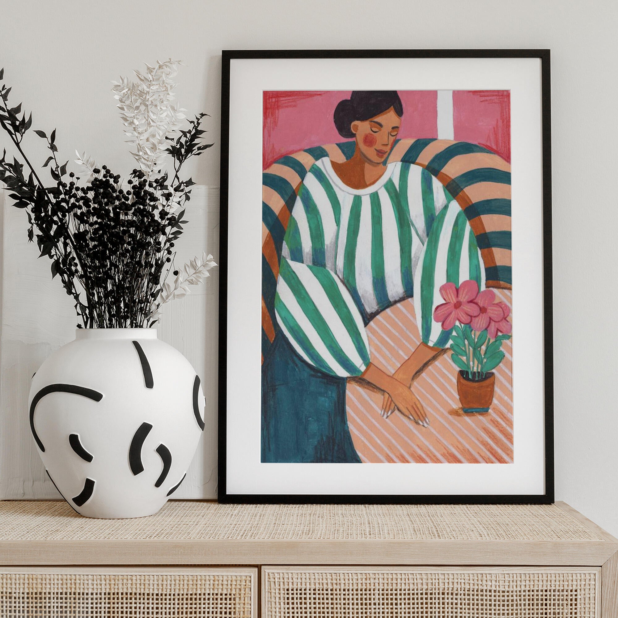 Woman in stripes in thought