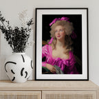Woman in a Vibrant Pink Gown and Ribbon