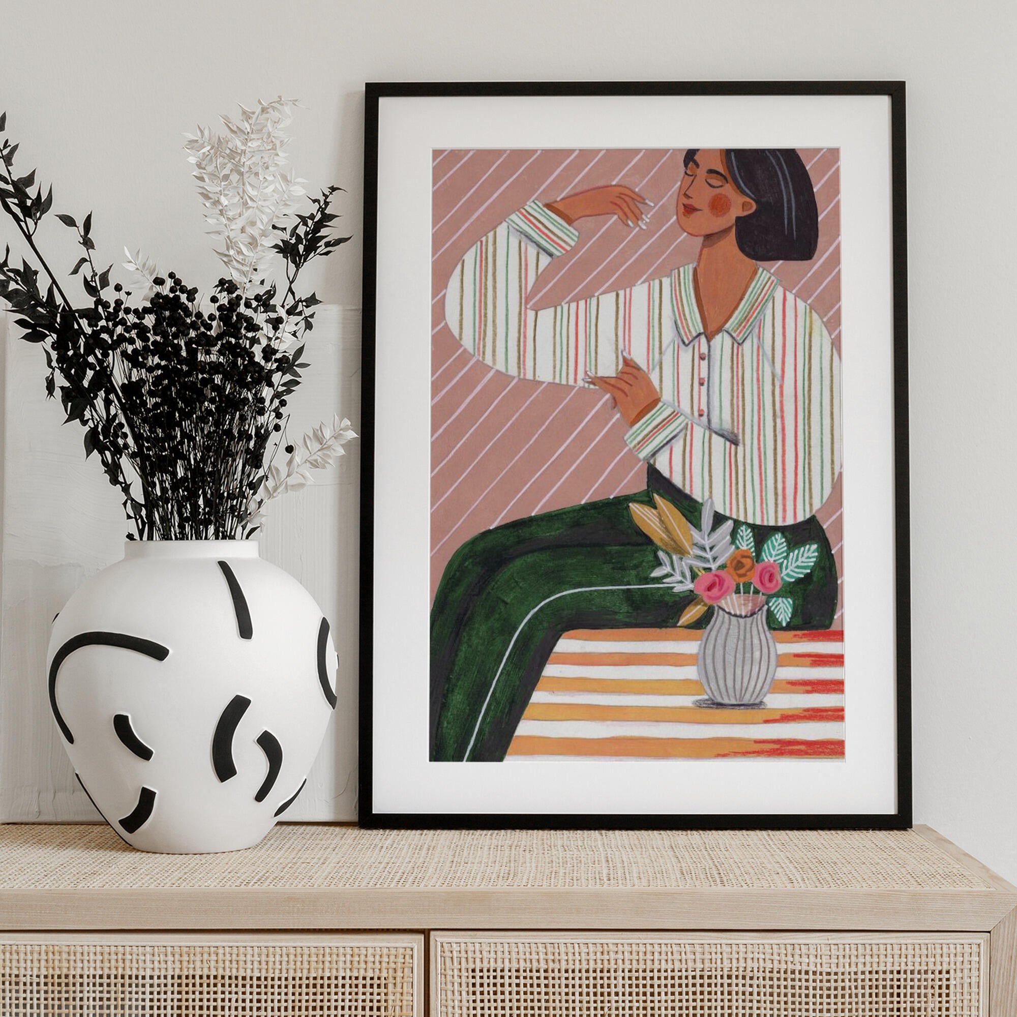 Woman in Stripes Shirt and Green Pants