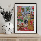 Cat in front of window in Paris bright colours