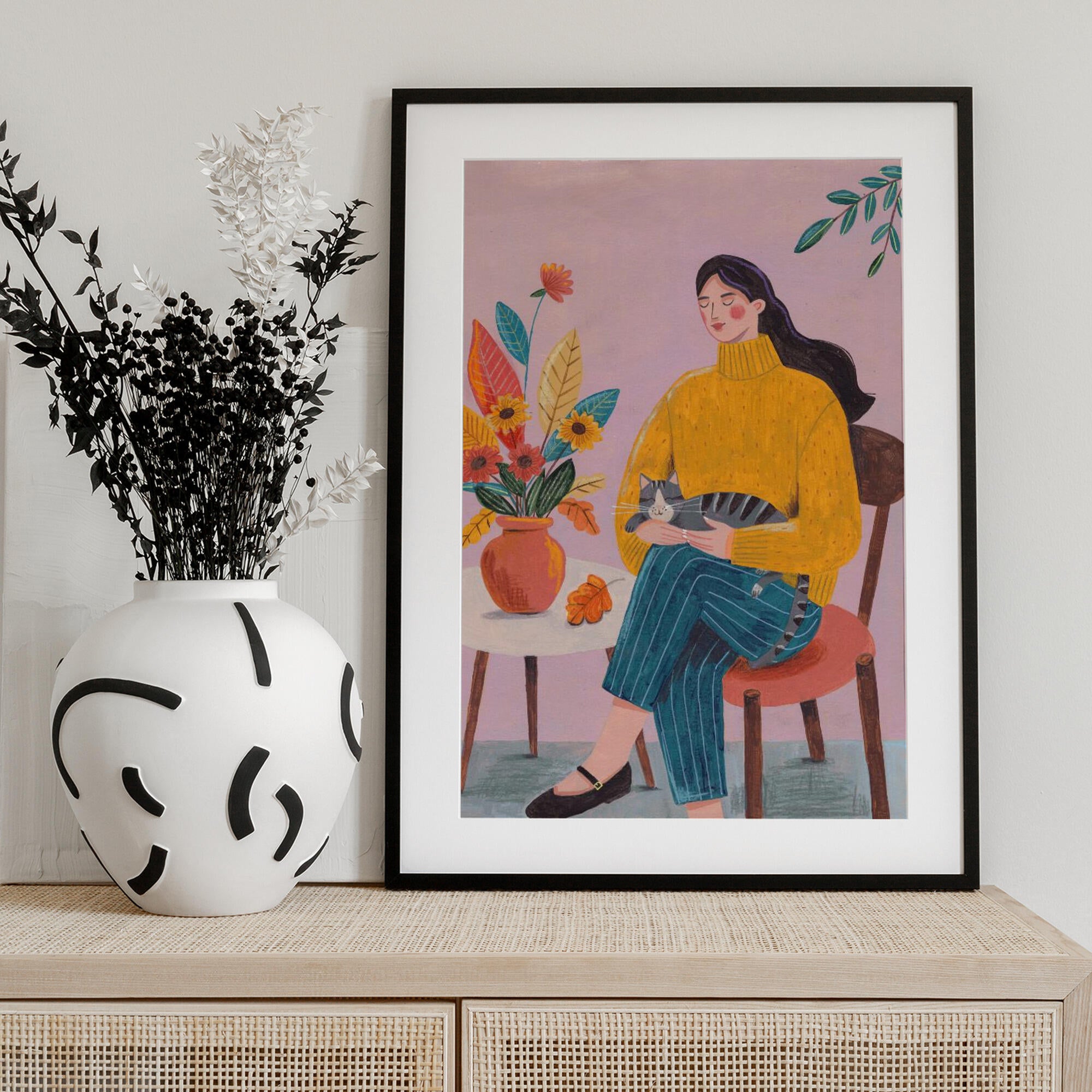 Woman with Cat and Autumn Bouquet