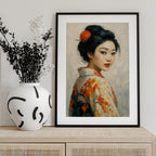 Portrait of a Japanese Geisha In a Floral Kimono