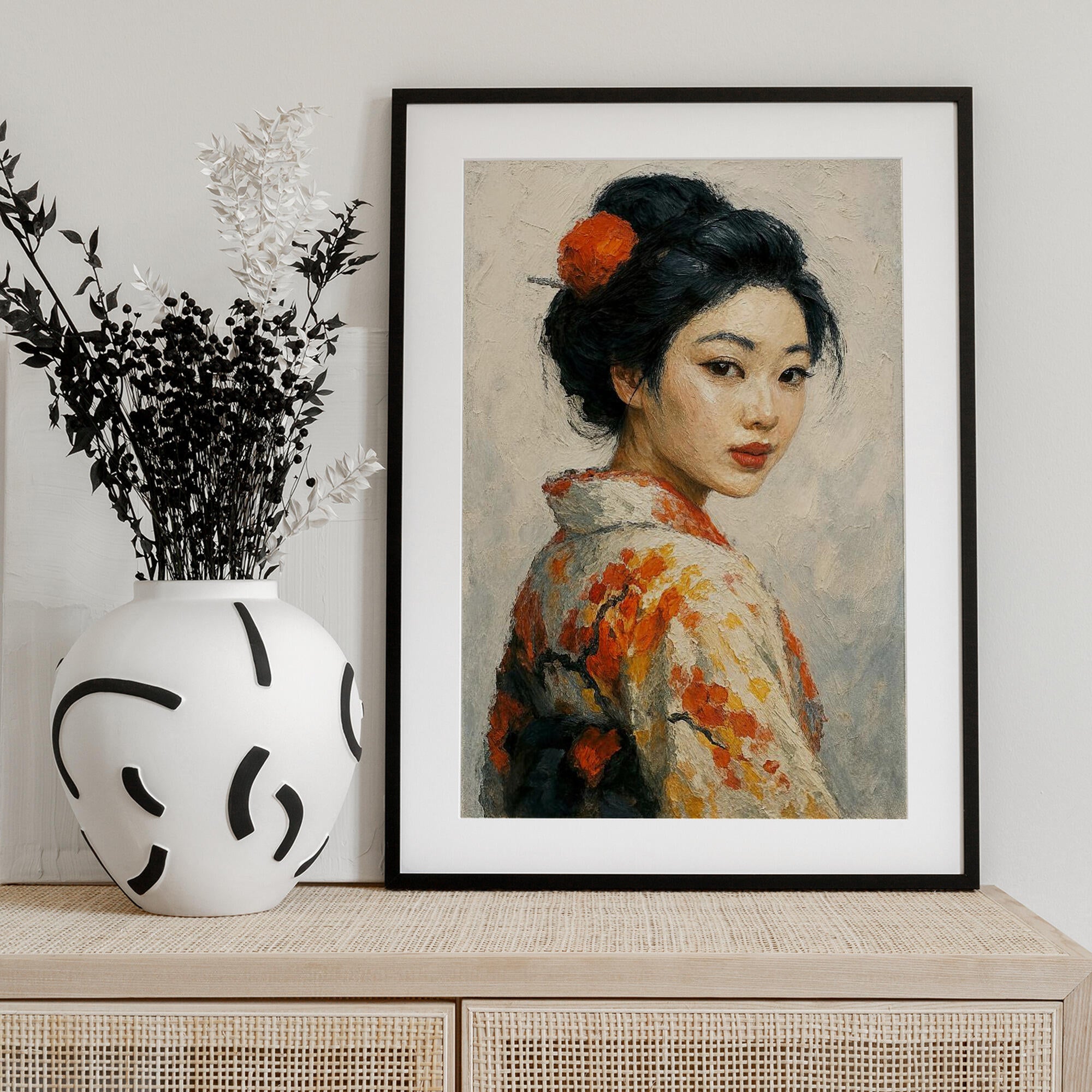 Portrait of a Japanese Geisha In a Floral Kimono