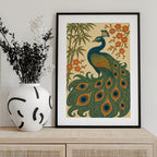 Ukiyo E Style Japanese Peacock With Bamboo and Blossom
