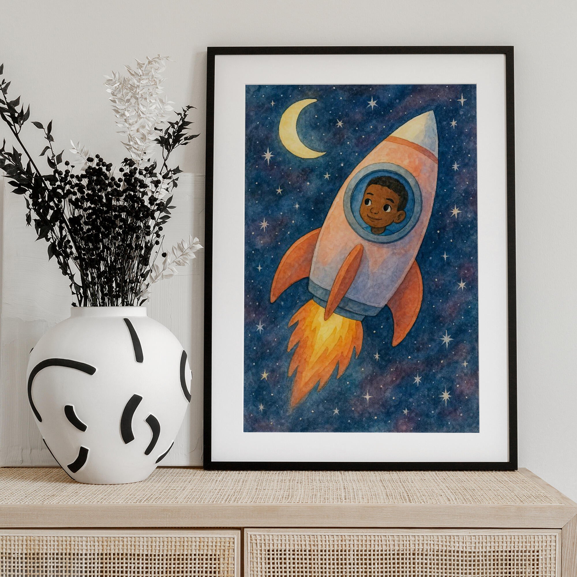 Child rocket flying through space