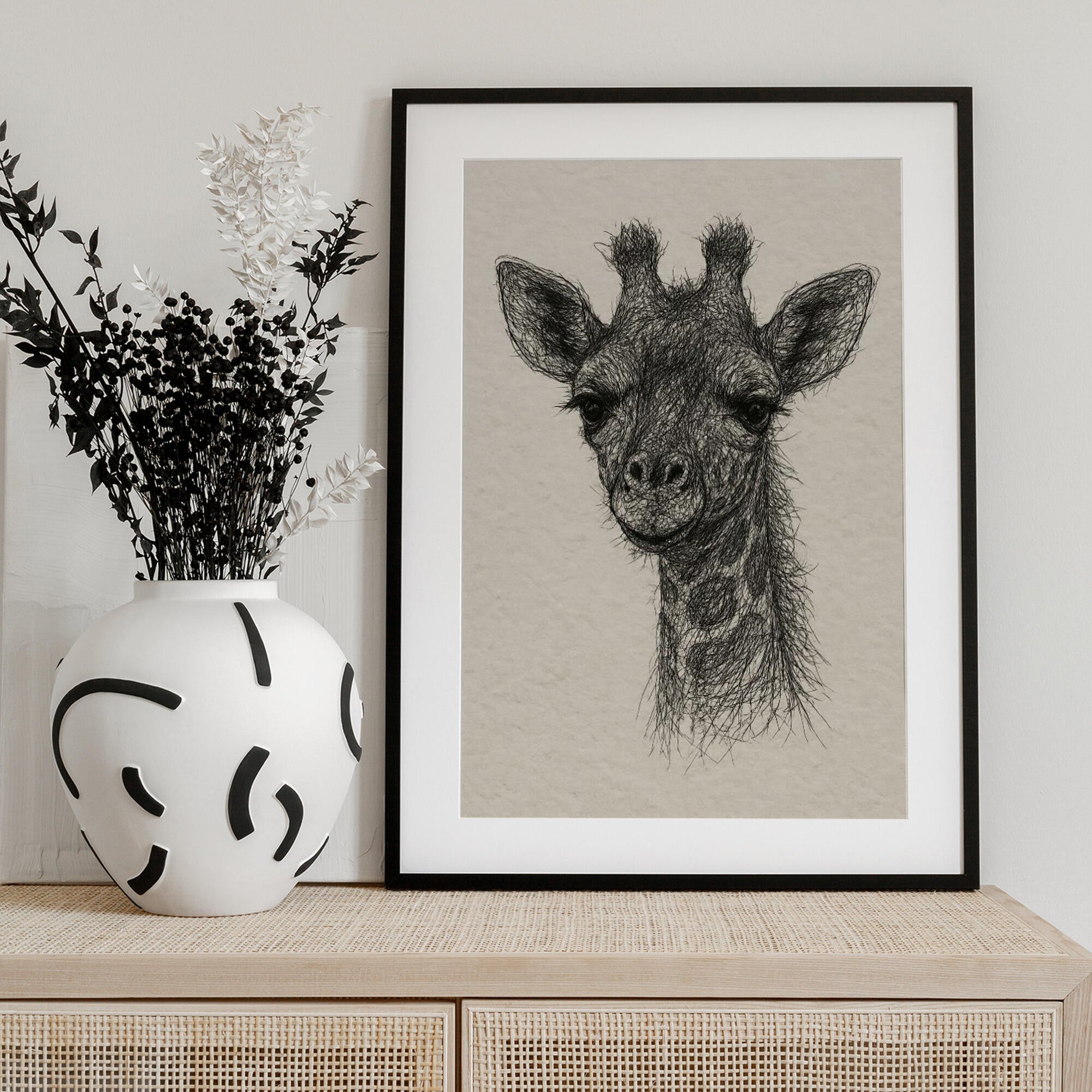 Thread portrait baby giraffe on handmade paper