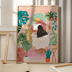 Woman taking bath in pink tropical bathroom