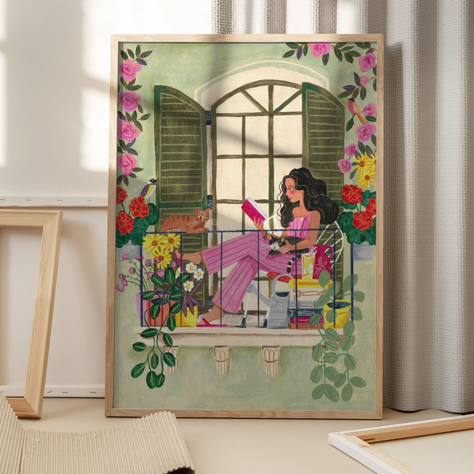 Woman reads on balcony