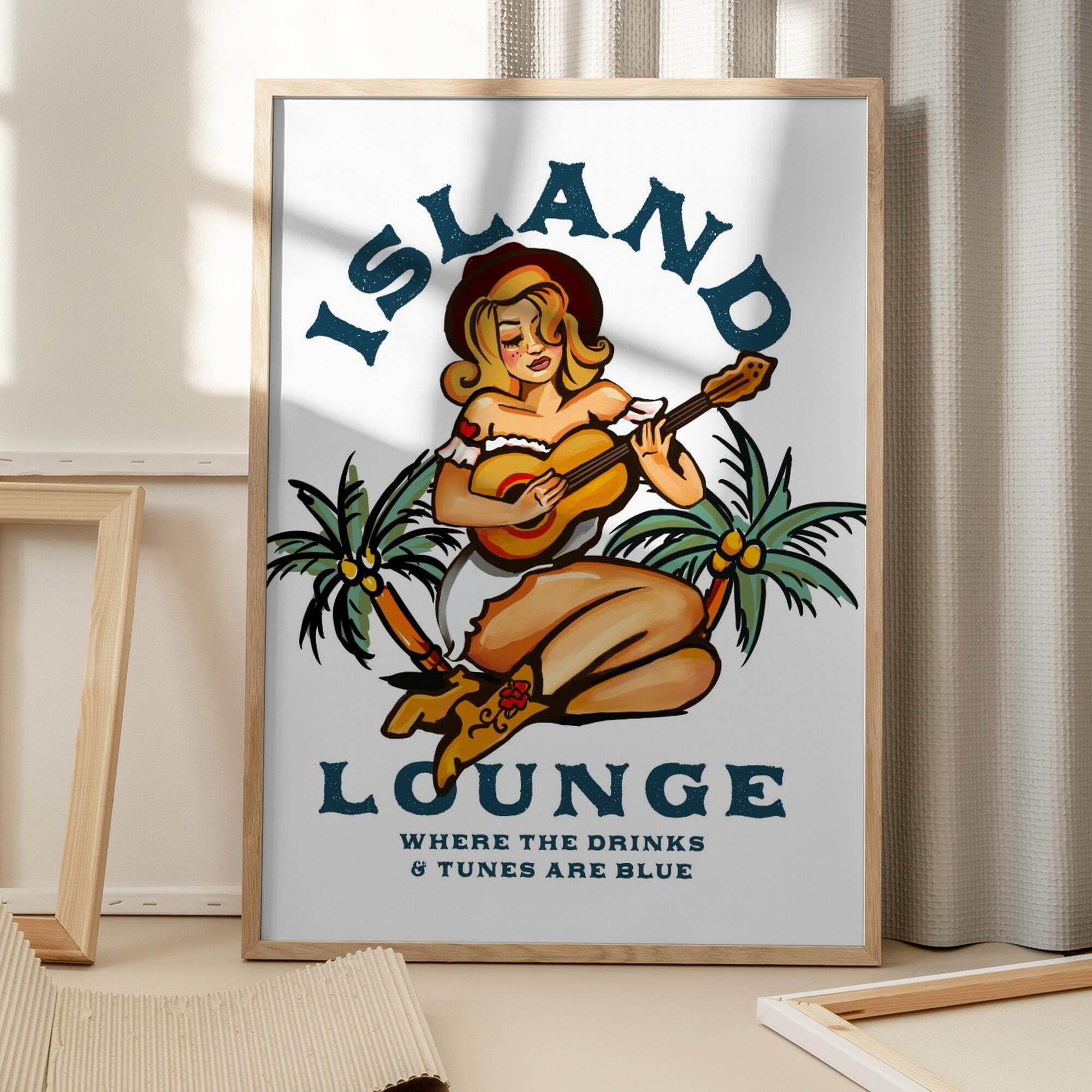 Island Lounge Tropical Pin Up Girl Playing Guitar