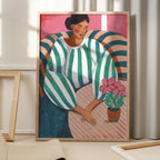 Woman in stripes in thought