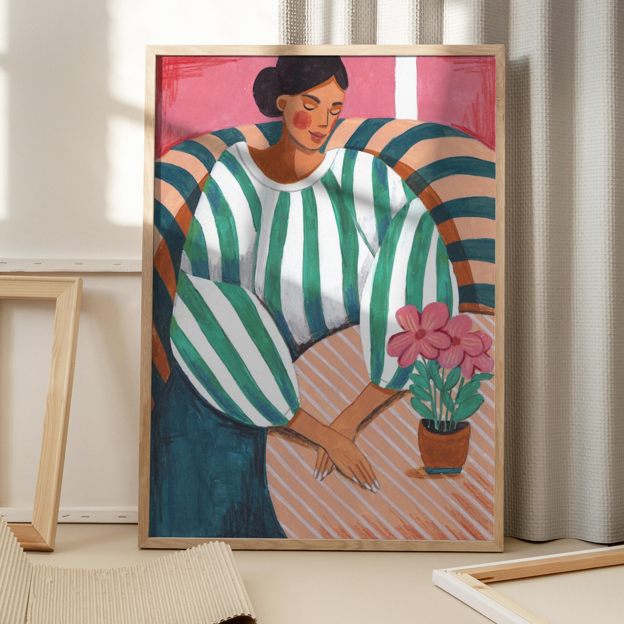 Woman in stripes in thought