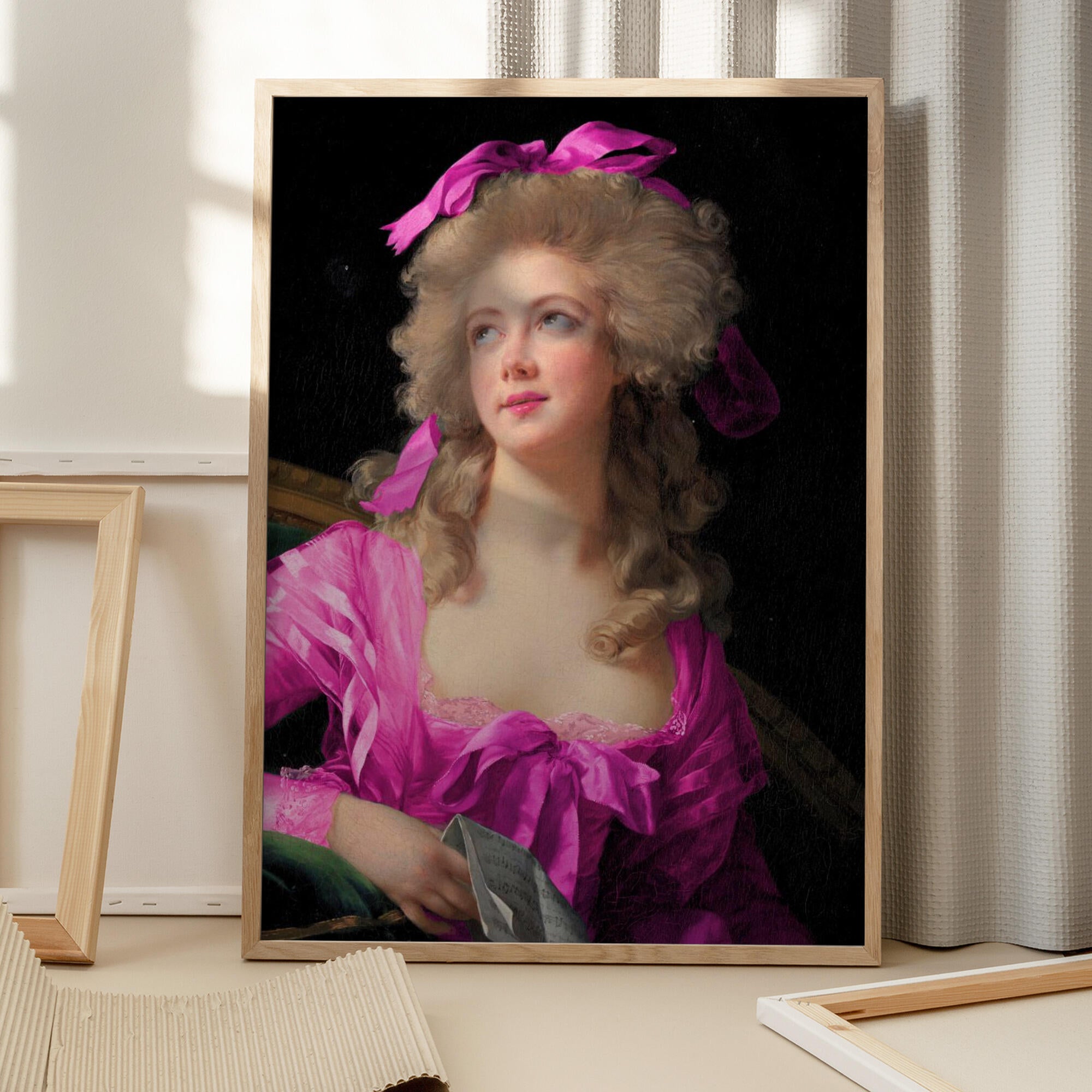 Woman in a Vibrant Pink Gown and Ribbon
