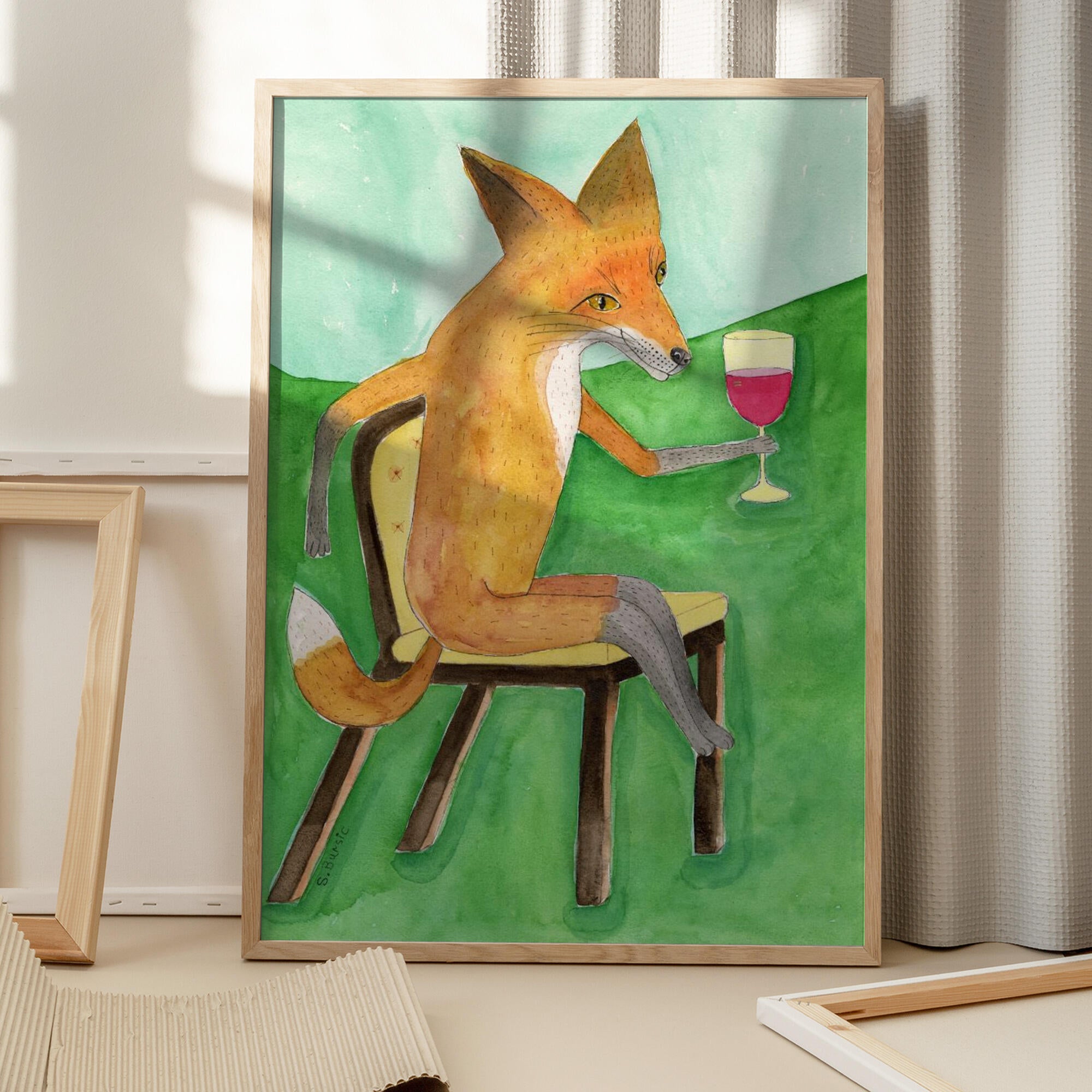 Mr. Fox drinking red wine