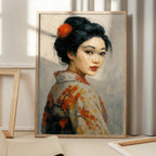 Portrait of a Japanese Geisha In a Floral Kimono