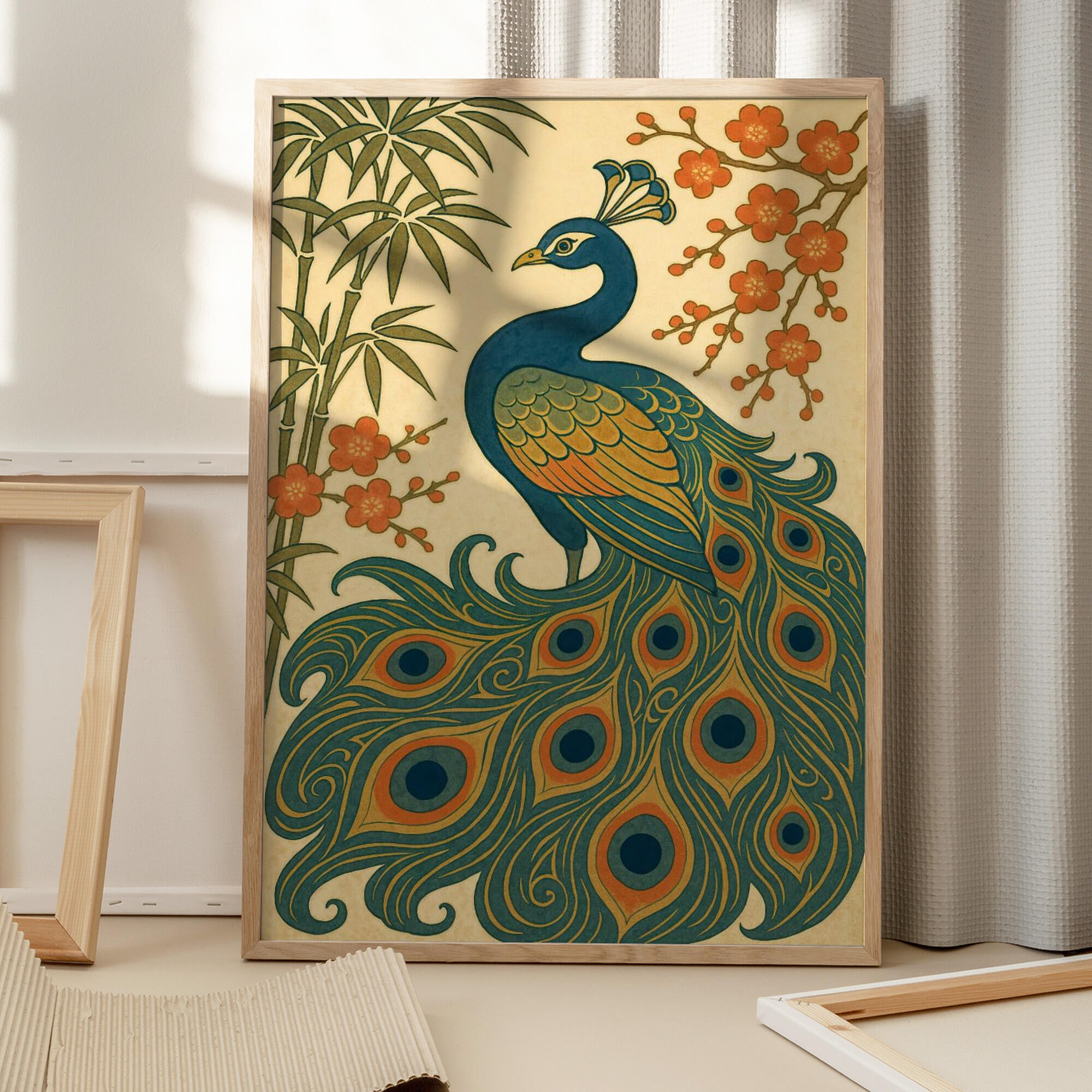 Ukiyo E Style Japanese Peacock With Bamboo and Blossom
