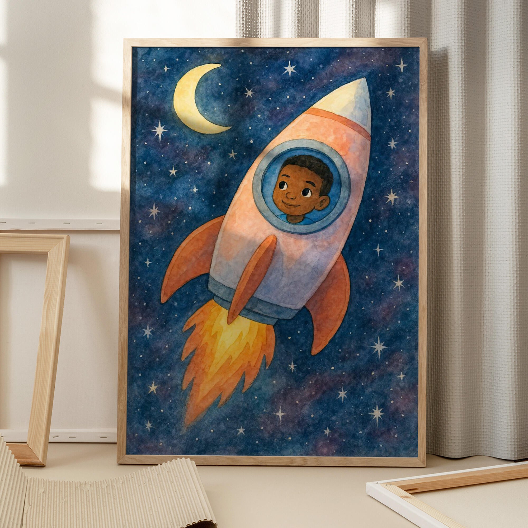 Child rocket flying through space
