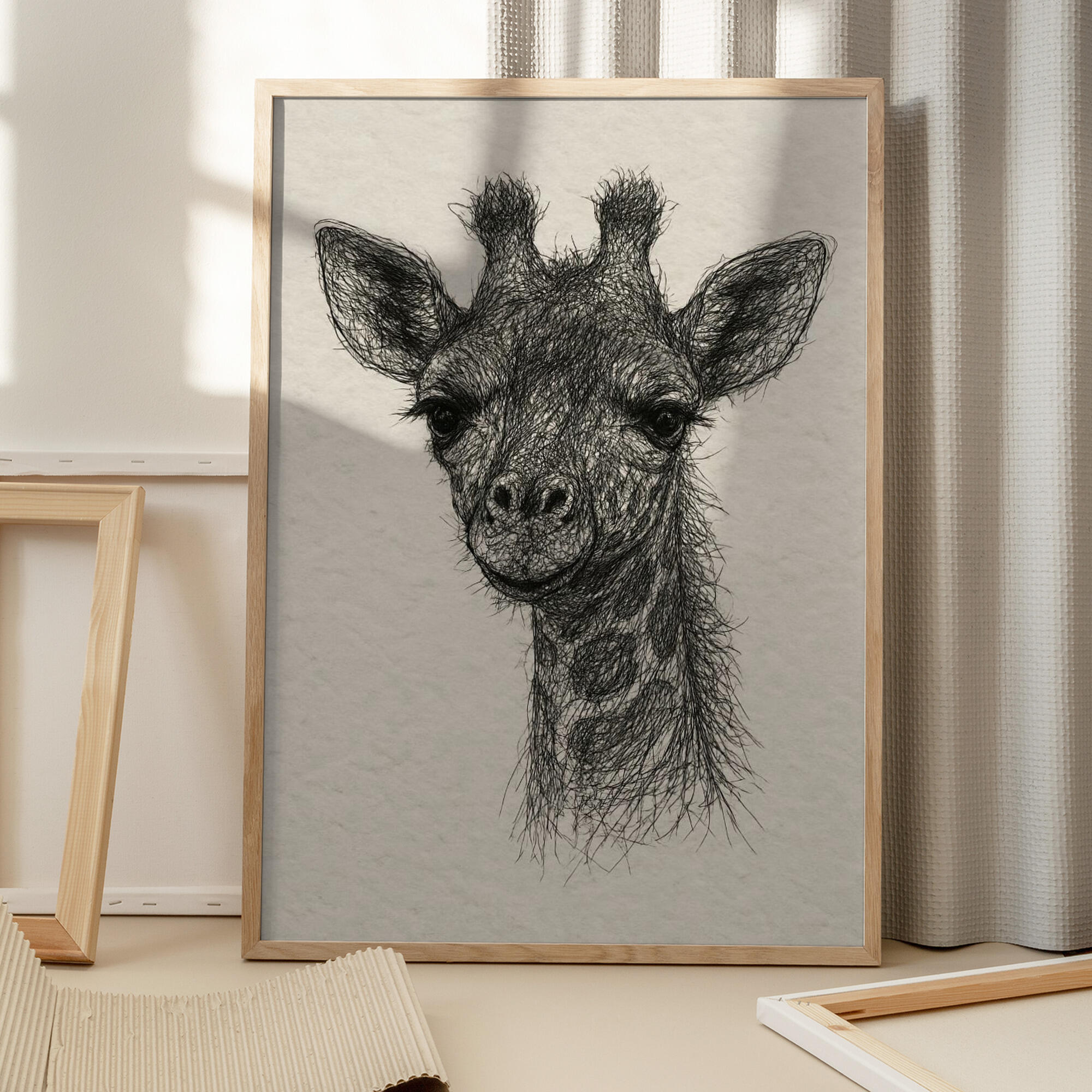 Thread portrait baby giraffe on handmade paper