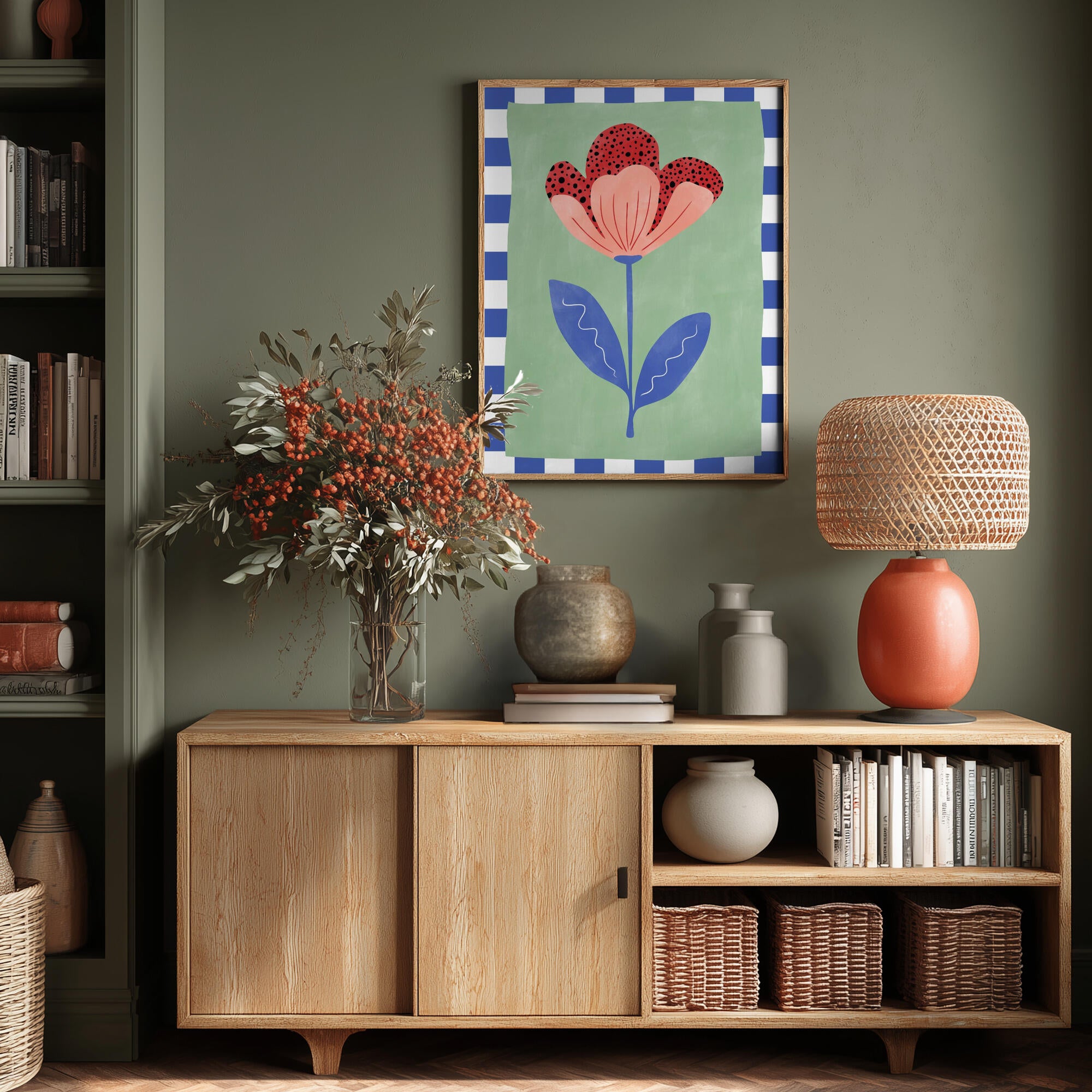 Stylized Flower With Red Petals And Black Dots