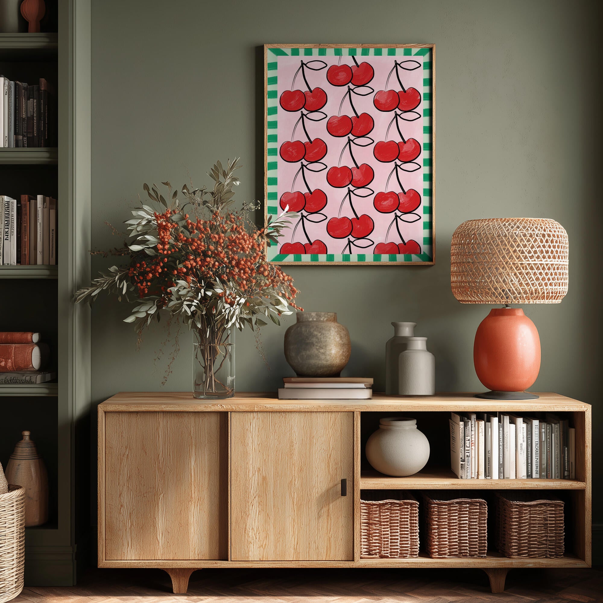 Red Cherries on a Pink