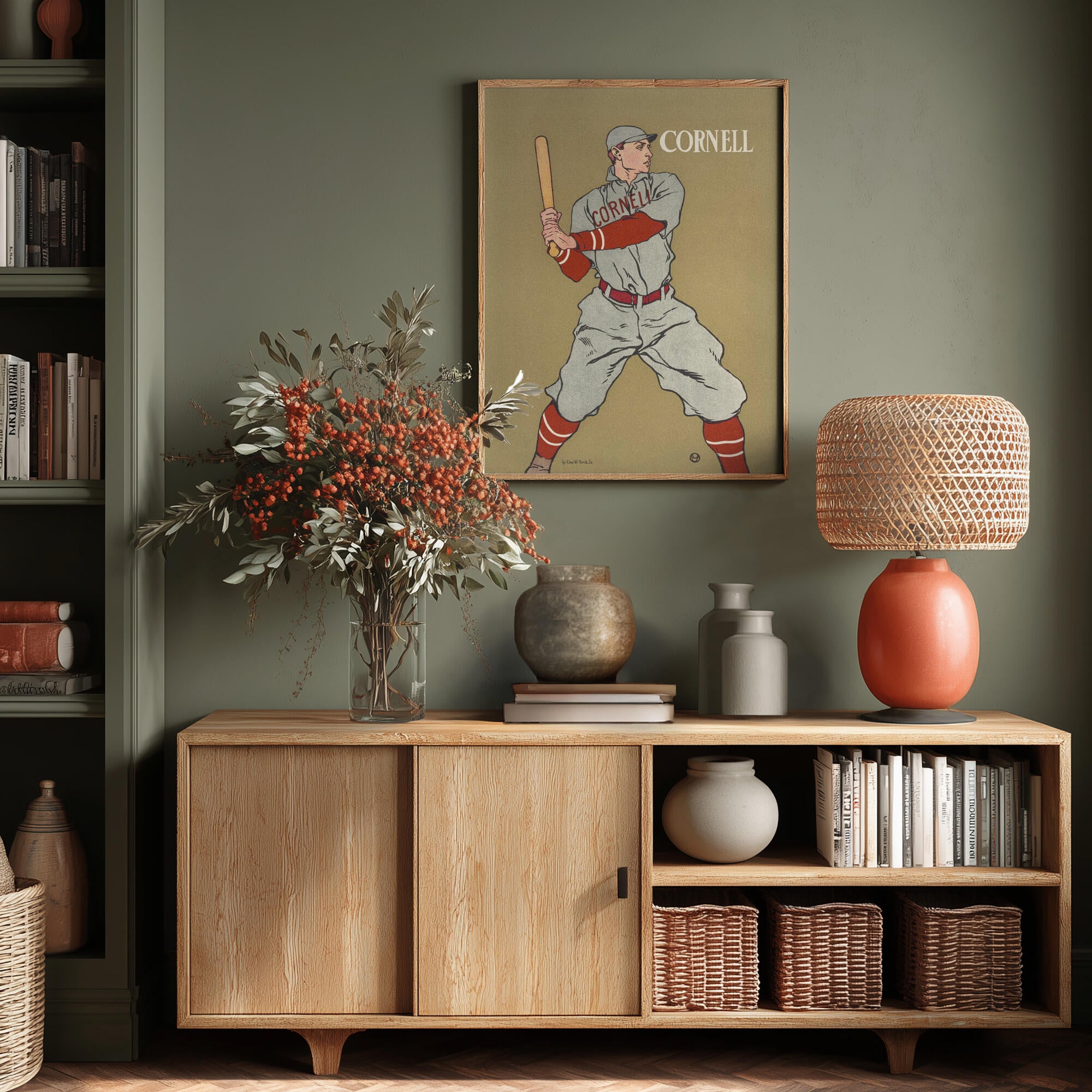 Vintage Drawing of a Baseball Player Holding a Bat