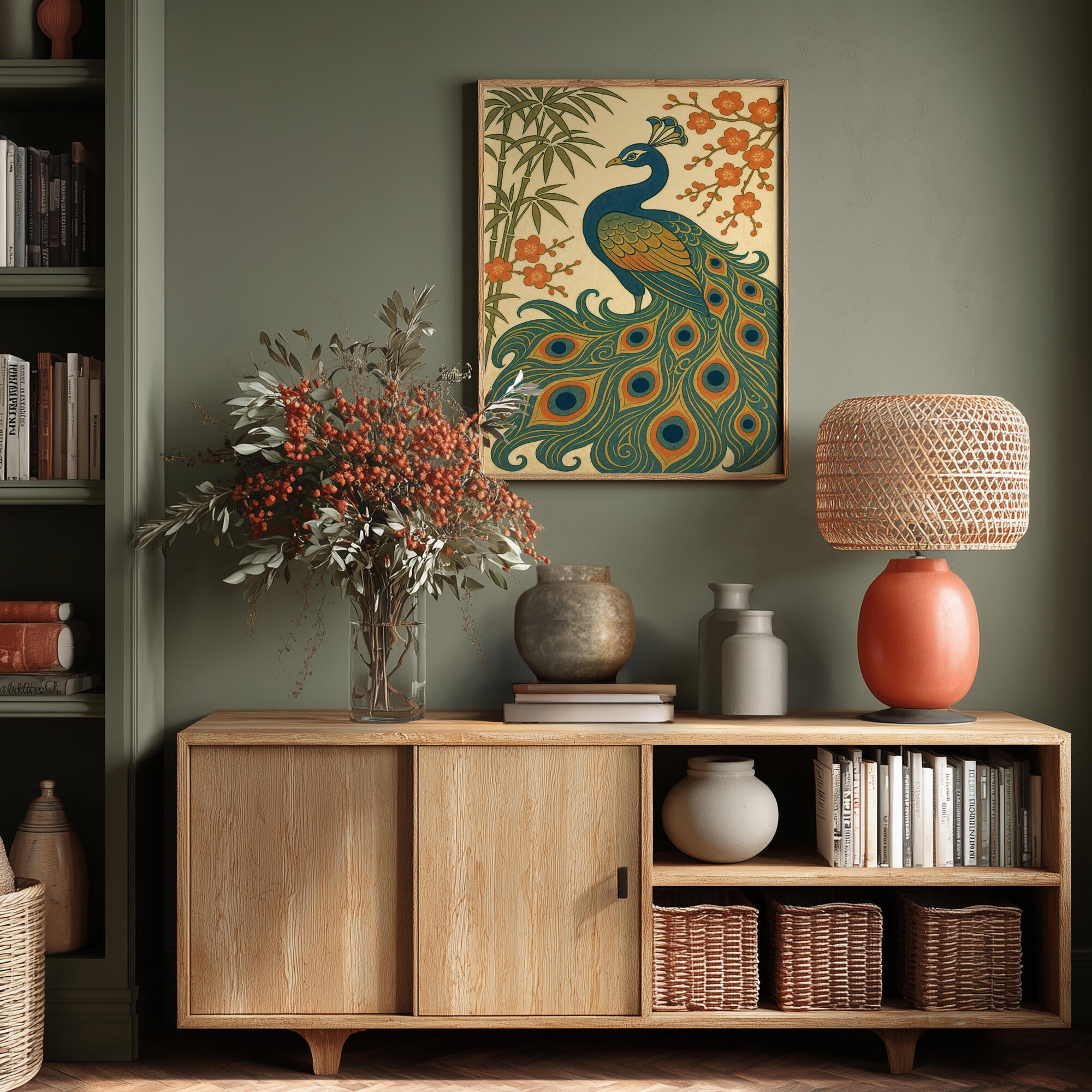 Ukiyo E Style Japanese Peacock With Bamboo and Blossom