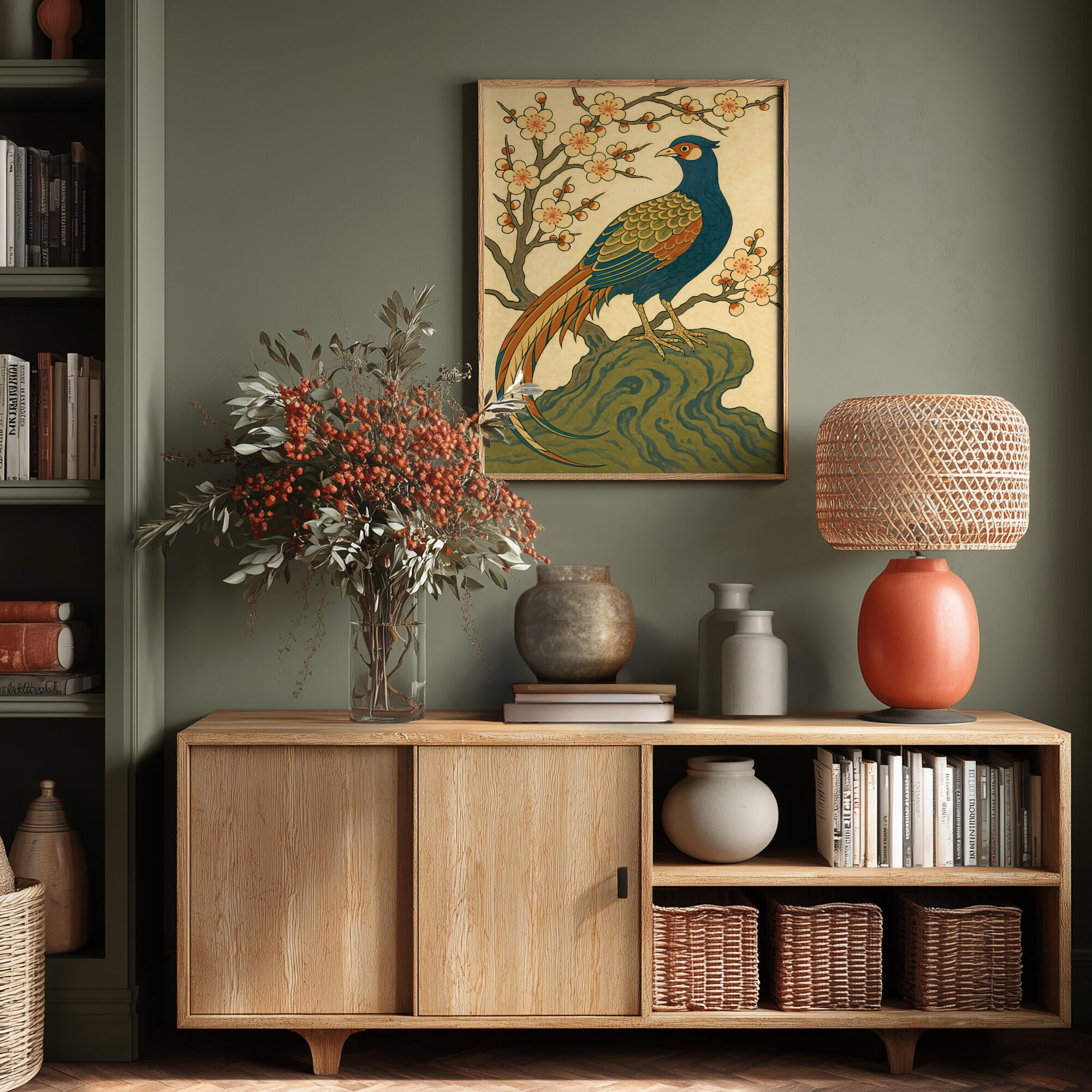 Ukiyo E Style Japanese Pheasant At Plum Blossom