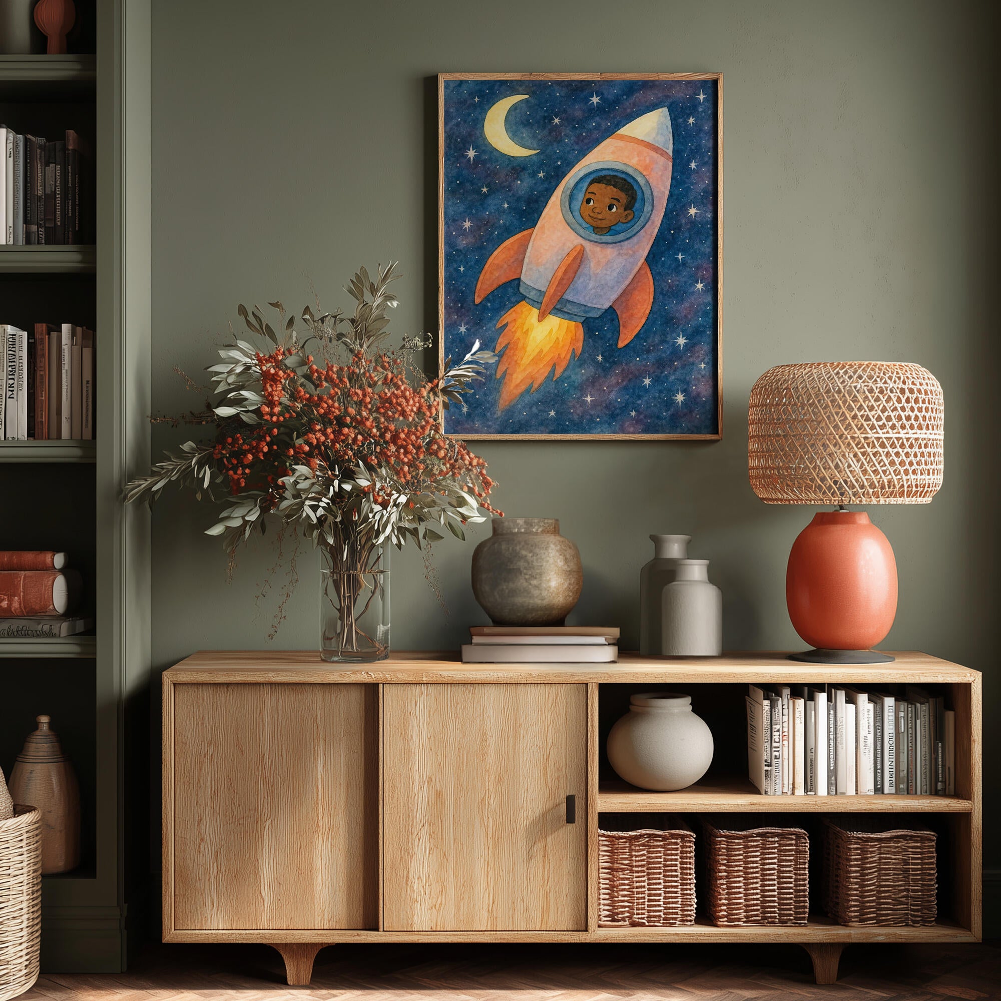 Child rocket flying through space