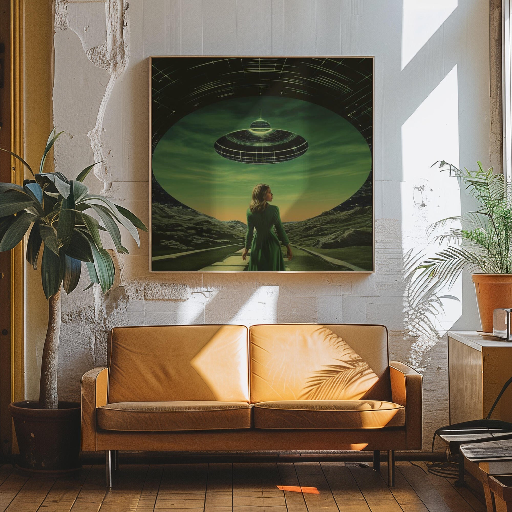 A Woman Standing Beneath a UFO