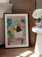 Woman taking bath in pink tropical bathroom