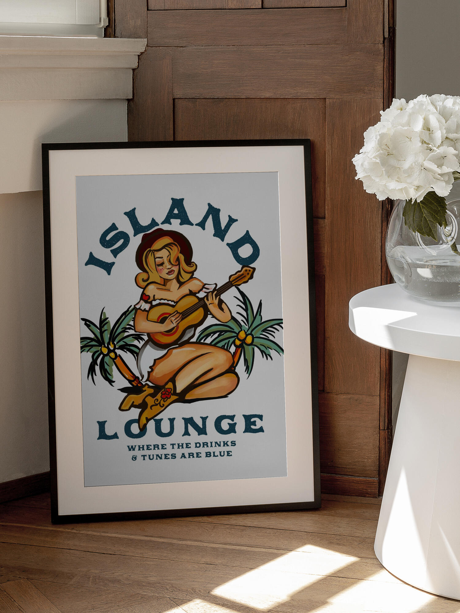 Island Lounge Tropical Pin Up Girl Playing Guitar