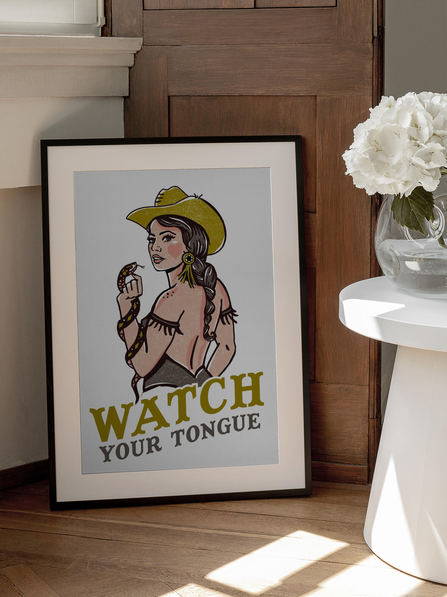 Watch Your Tongue Badass Pin-Up Cowgirl &amp; Rattlesnake