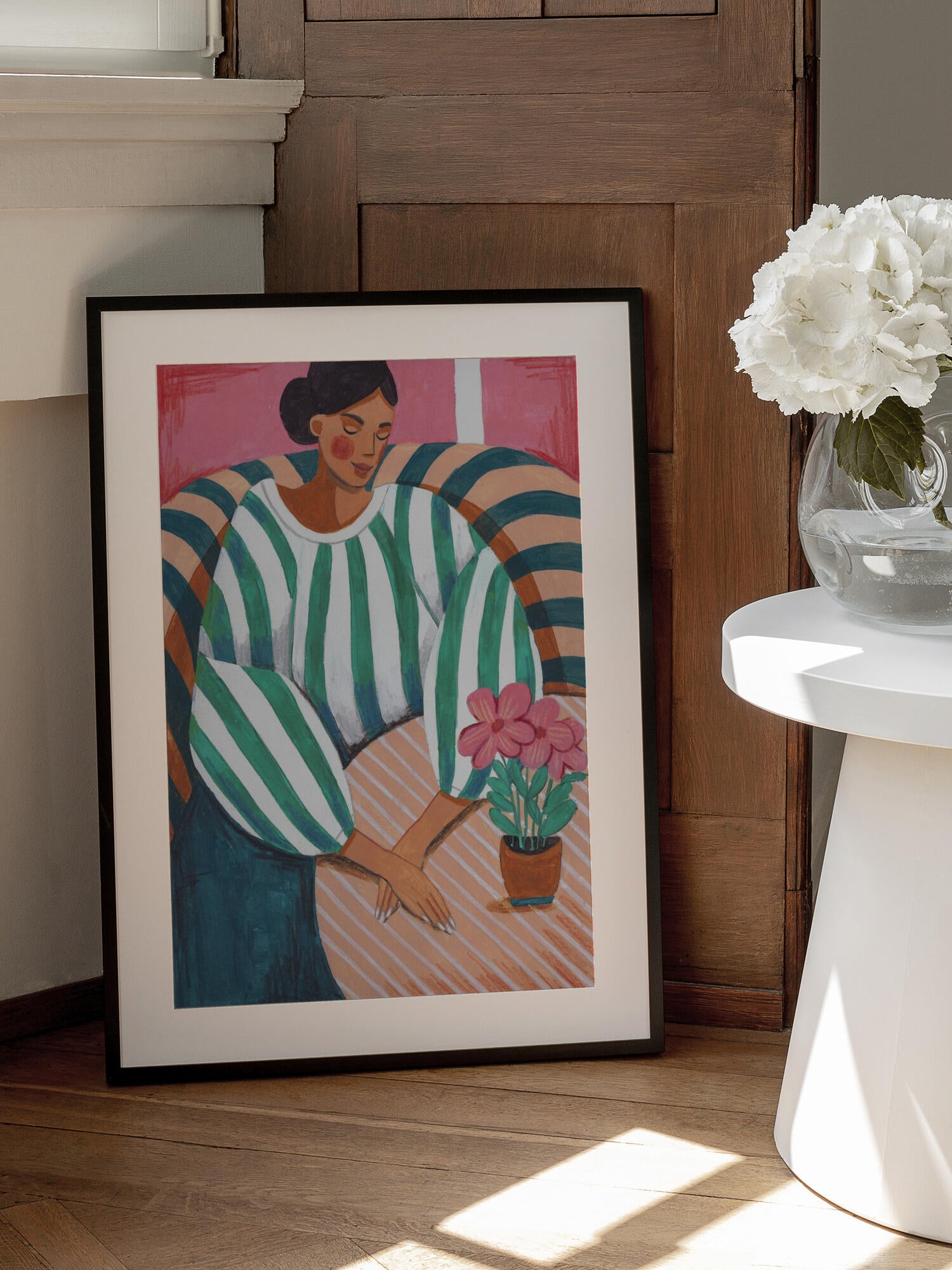 Woman in stripes in thought